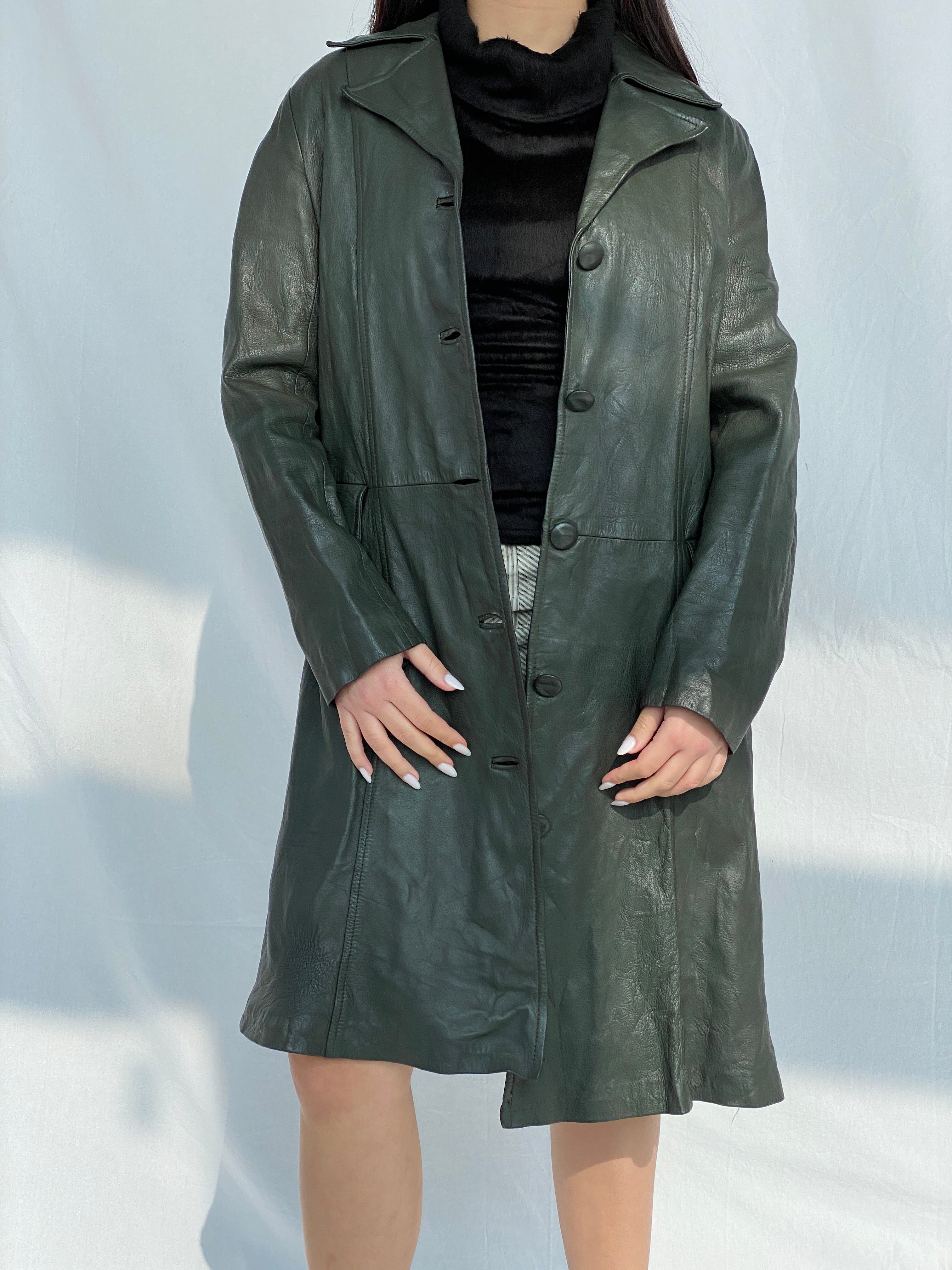 Vintage 90s Genuine Leather Olive Green Coat - L - Balagan Vintage Leather Coat 90s, Fatima, genuine leather, genuine leather coat, winter