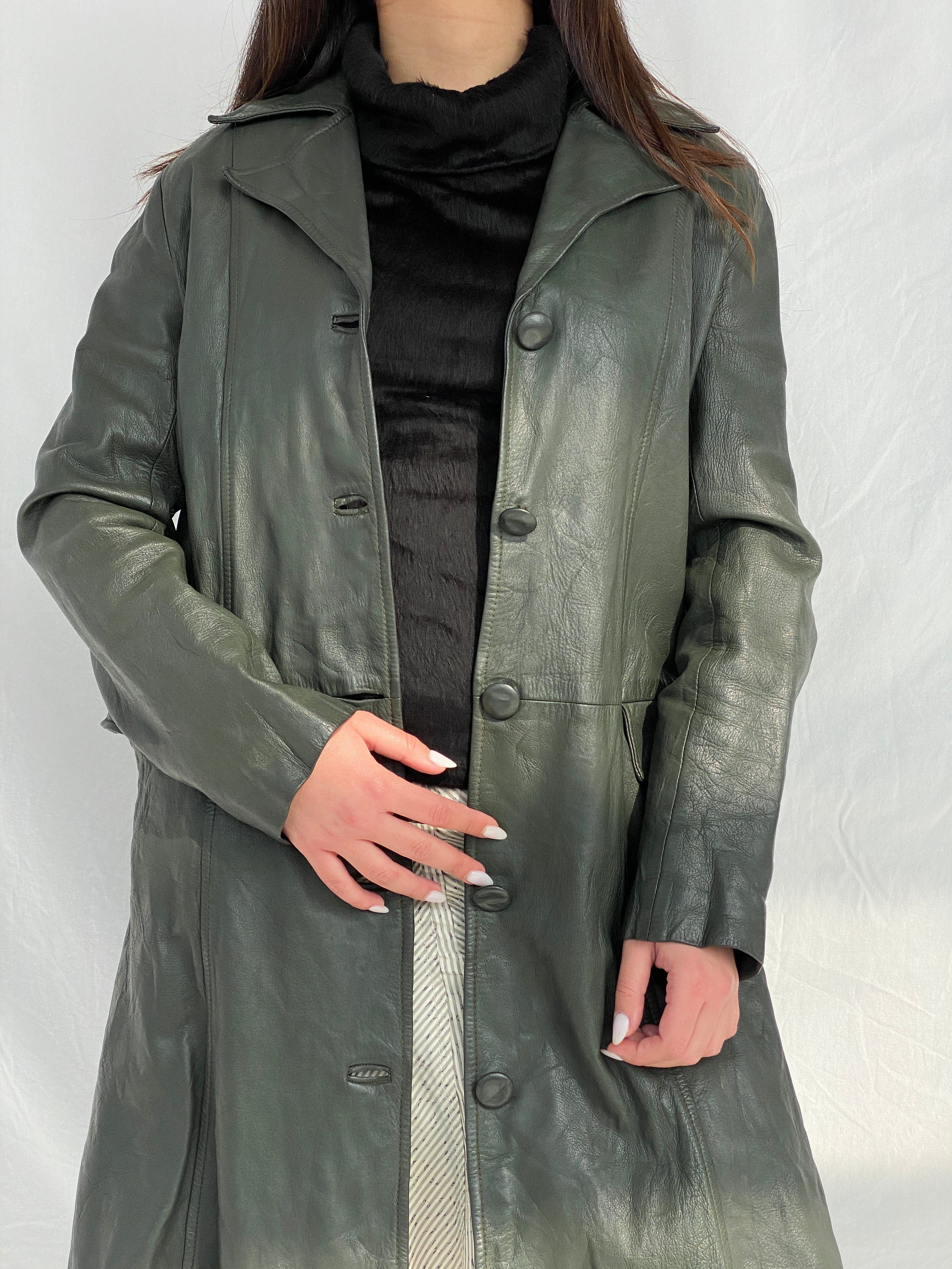 Vintage 90s Genuine Leather Olive Green Coat - L - Balagan Vintage Leather Coat 90s, Fatima, genuine leather, genuine leather coat, winter