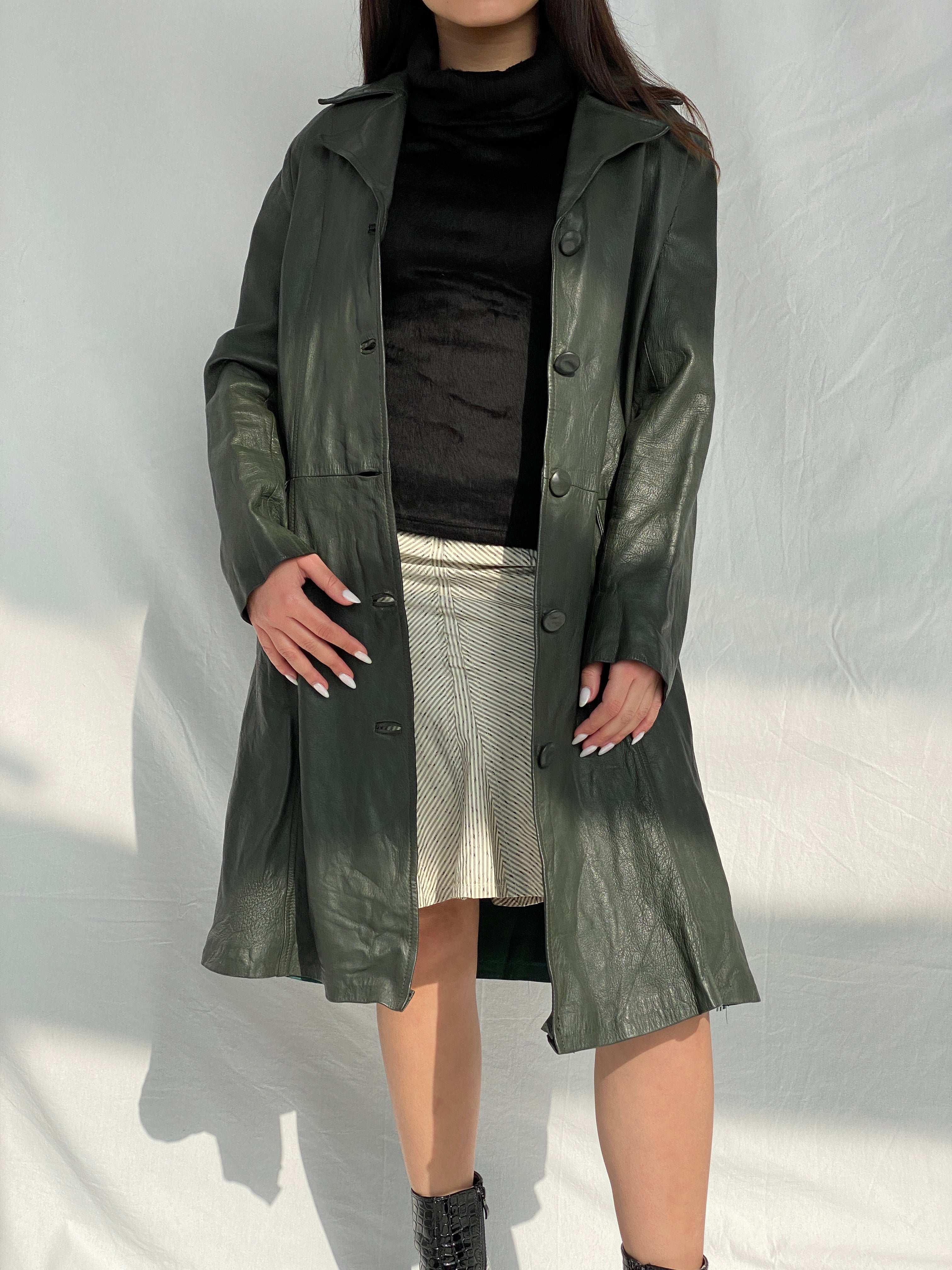 Vintage 90s Genuine Leather Olive Green Coat - L - Balagan Vintage Leather Coat 90s, Fatima, genuine leather, genuine leather coat, winter