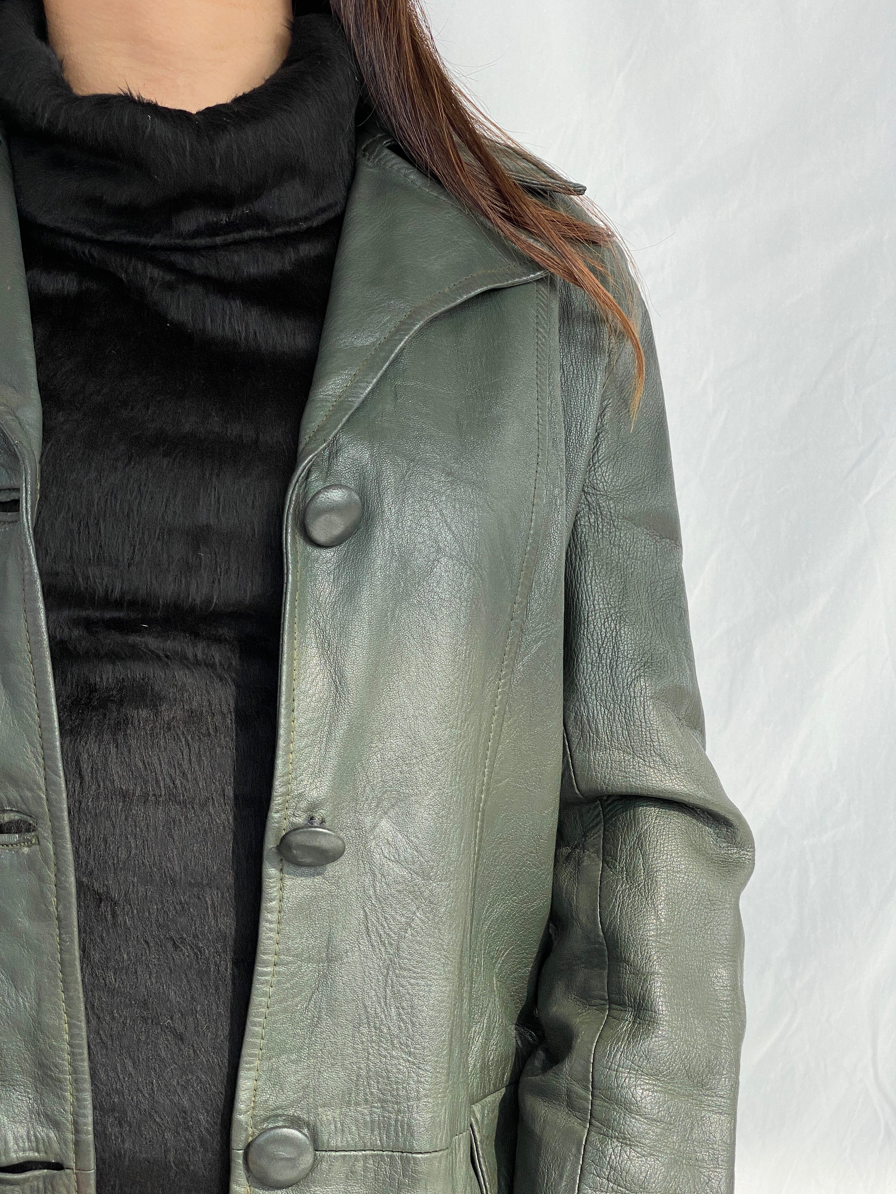 Vintage 90s Genuine Leather Olive Green Coat - L - Balagan Vintage Leather Coat 90s, Fatima, genuine leather, genuine leather coat, winter