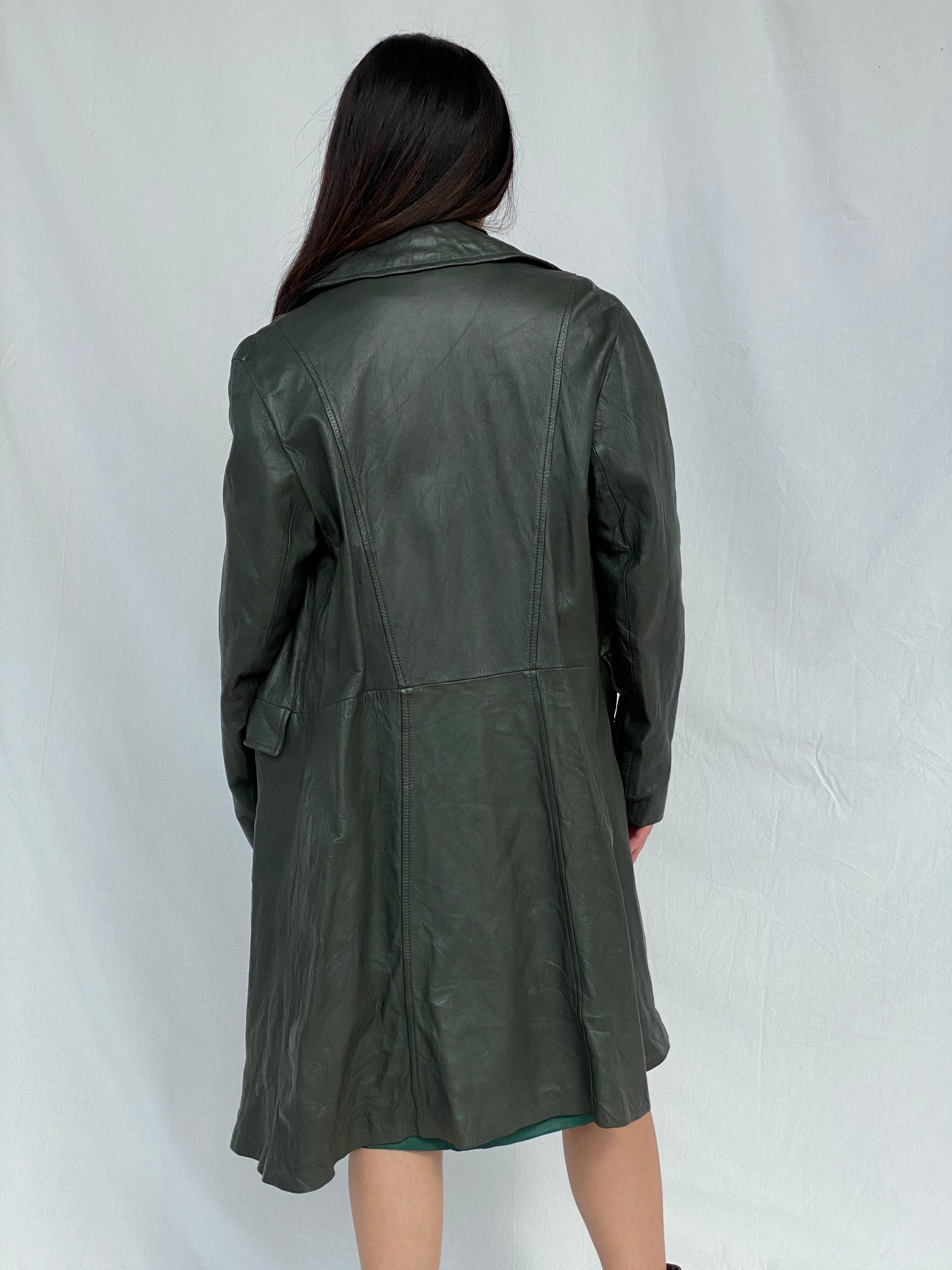 Vintage 90s Genuine Leather Olive Green Coat - L - Balagan Vintage Leather Coat 90s, Fatima, genuine leather, genuine leather coat, winter