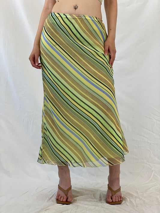 Vintage 90s Giorgio Fiorlini Striped Green Butter Yellow Maxi Skirt - S - Balagan Vintage Maxi Skirt 00s, Ayah, maxi skirt, NEW IN, skirt, striped, women skirt