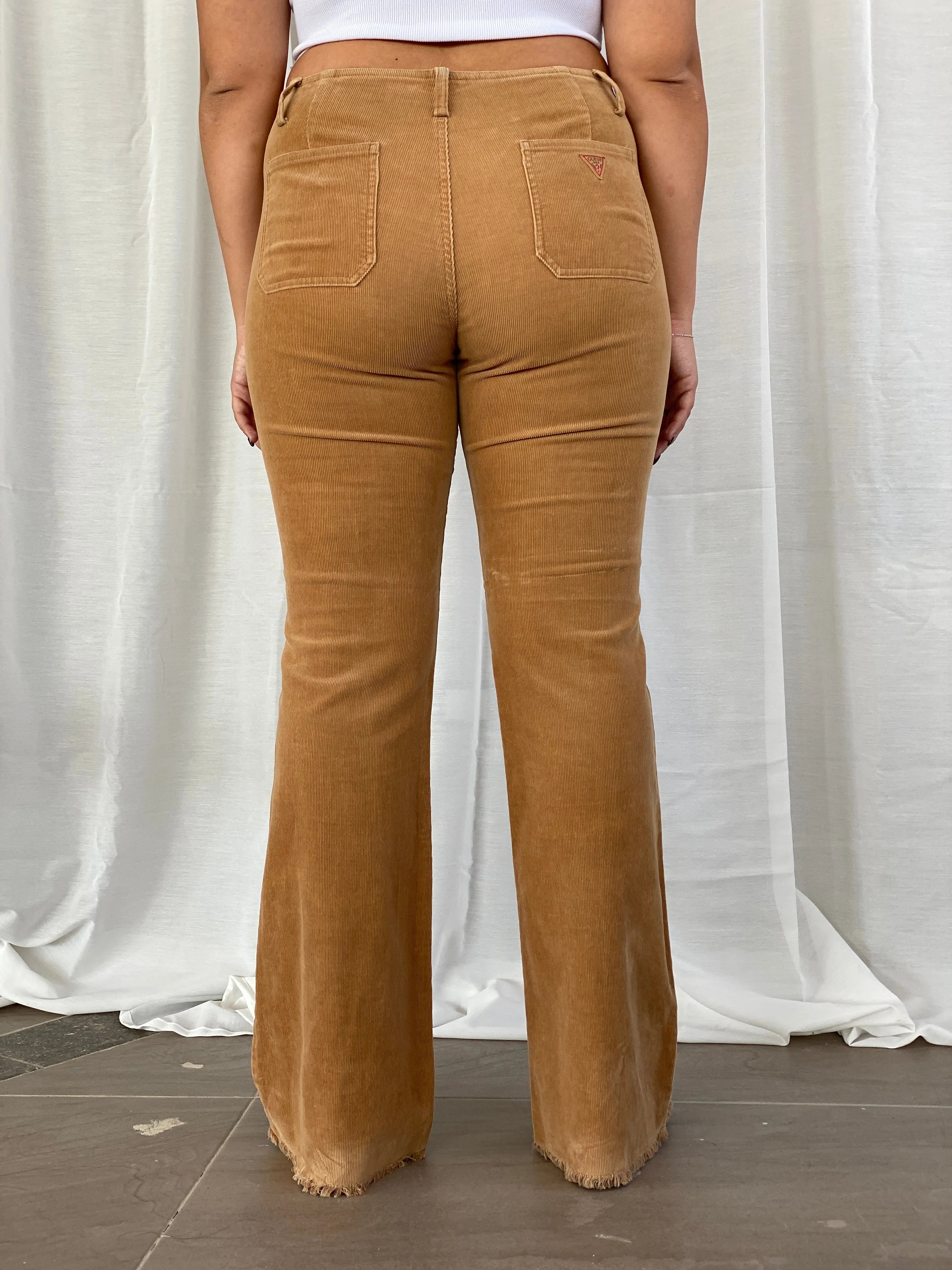 Vintage 90s Guess Jeans Stretch Brown Corduroy Mid Rise Flare Pants - L - Balagan Vintage Corduroy Pants corduroy, corduroy pants, Dina, guess, guess jeans