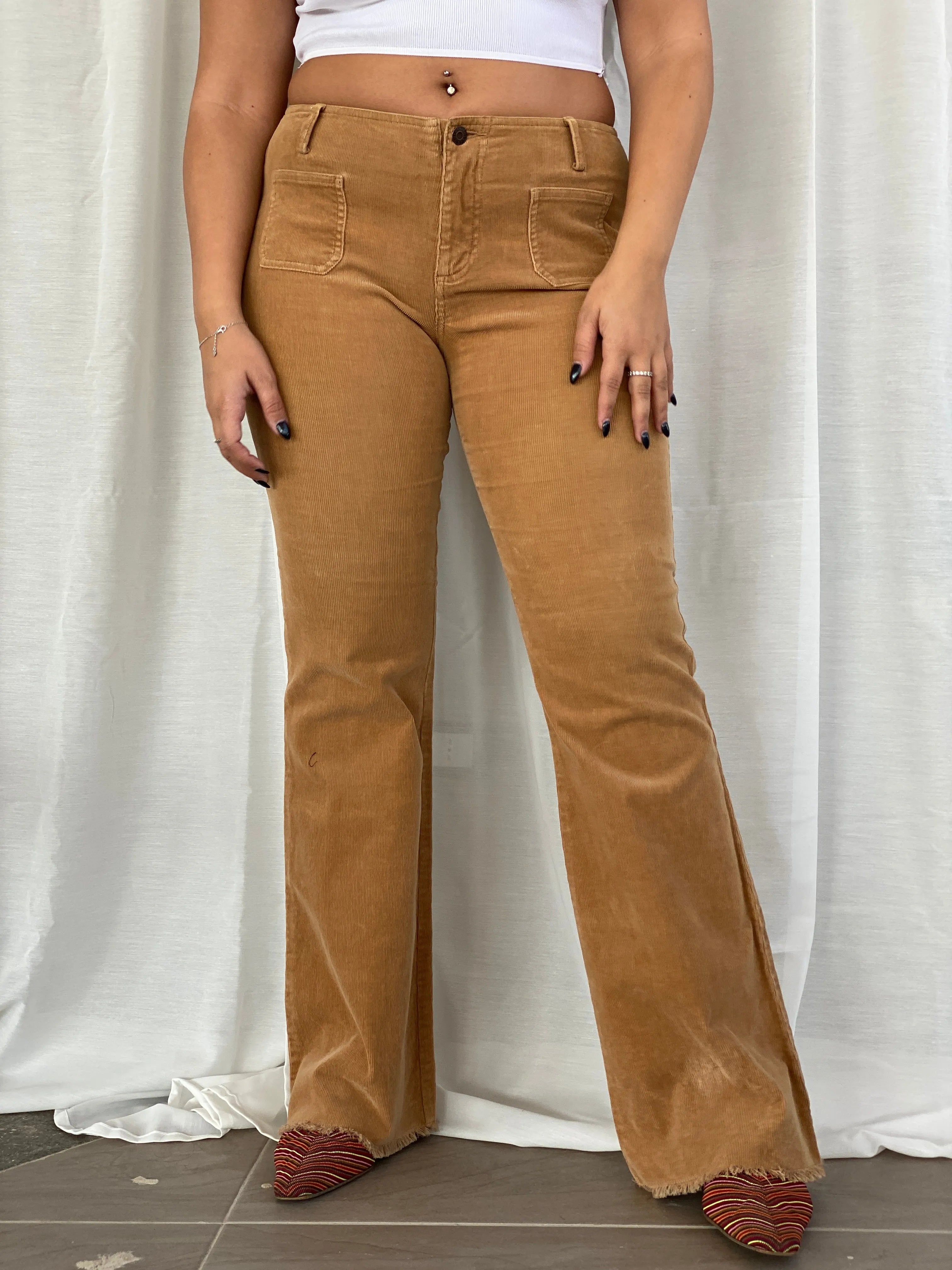 Vintage 90s Guess Jeans Stretch Brown Corduroy Mid Rise Flare Pants - L - Balagan Vintage Corduroy Pants corduroy, corduroy pants, Dina, guess, guess jeans