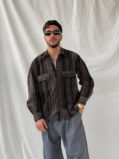 Vintage 90s GÜLATA Men’s Long Sleeve Button Down Corduroy Diamond Print Striped Shirt - L - Balagan Vintage Full sleeve Shirt 90s, full sleeve shirt, Hamza, mens shirt, printed shirt, winter