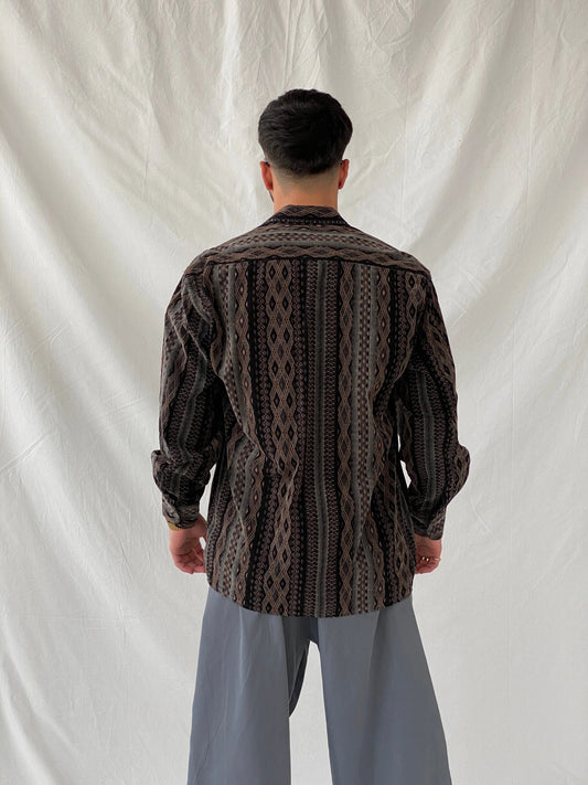 Vintage 90s GÜLATA Men’s Long Sleeve Button Down Corduroy Diamond Print Striped Shirt - L - Balagan Vintage Full sleeve Shirt 90s, full sleeve shirt, Hamza, mens shirt, printed shirt, winter