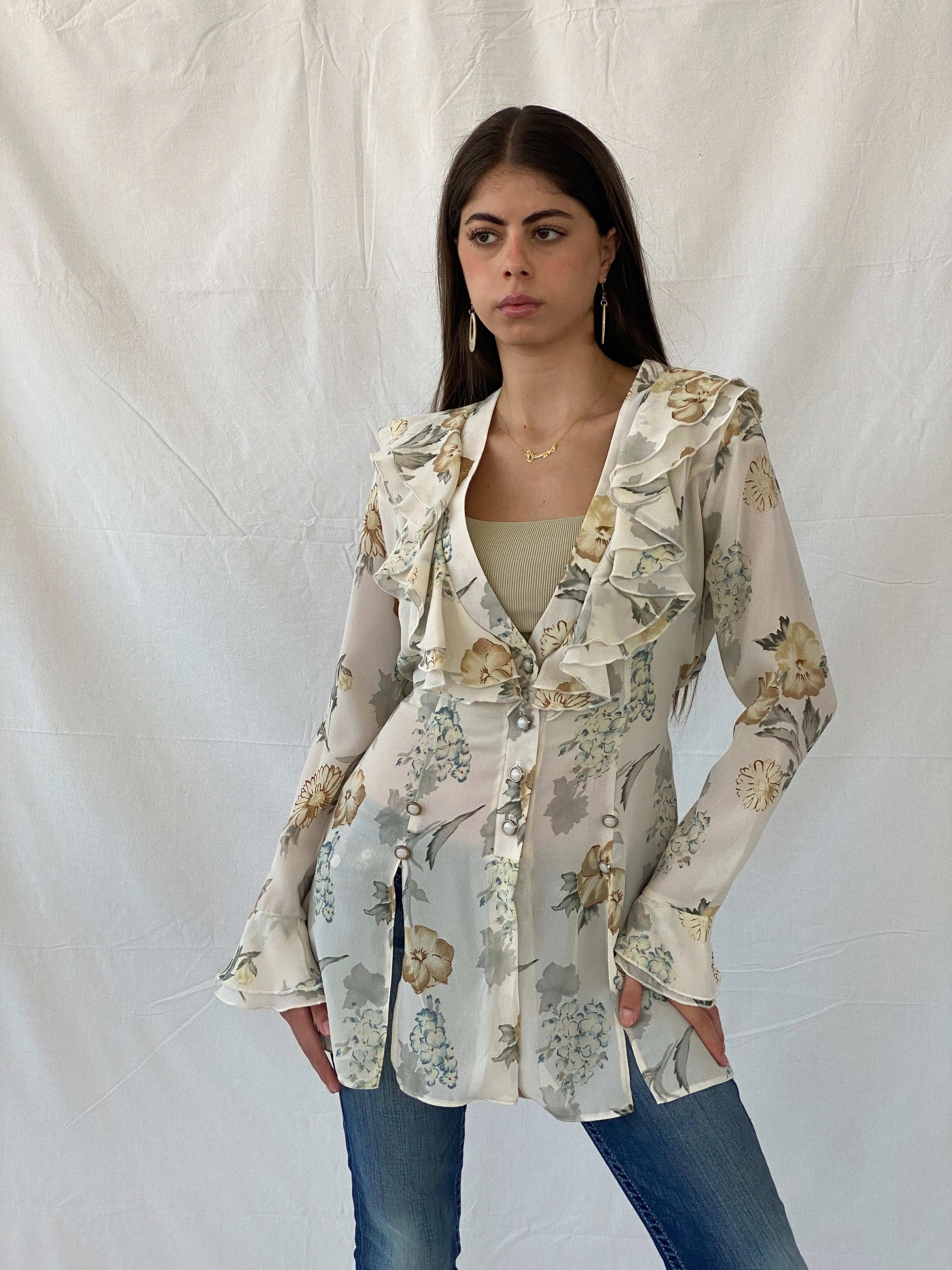Vintage 90s Hanny London Semi Sheer Floral Cardigan with Ruffled Collar - L - Balagan Vintage Cardigan 00s, 90s, Mira, Office core, women top