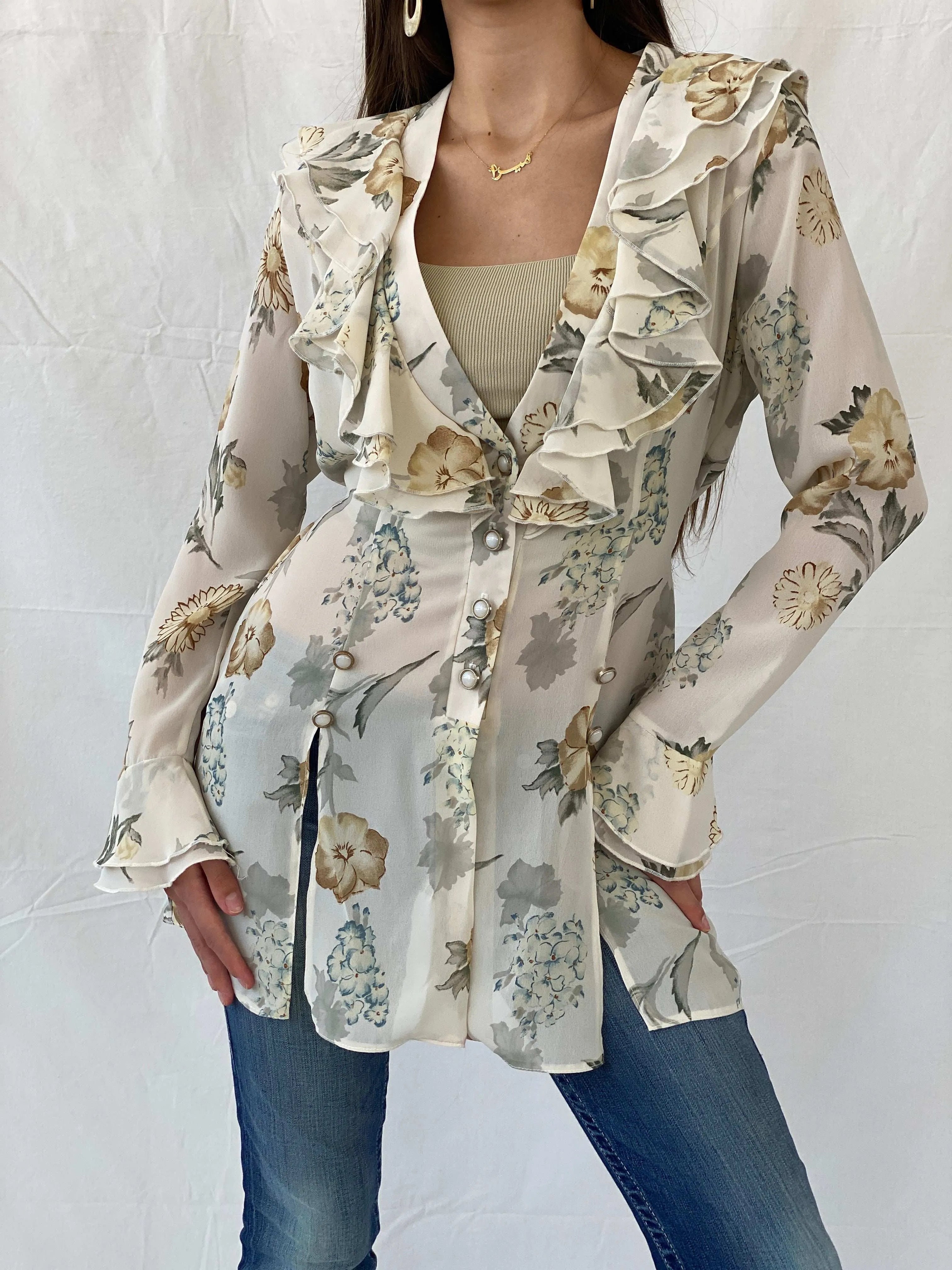 Vintage 90s Hanny London Semi Sheer Floral Cardigan with Ruffled Collar - L - Balagan Vintage Cardigan 00s, 90s, Mira, Office core, women top