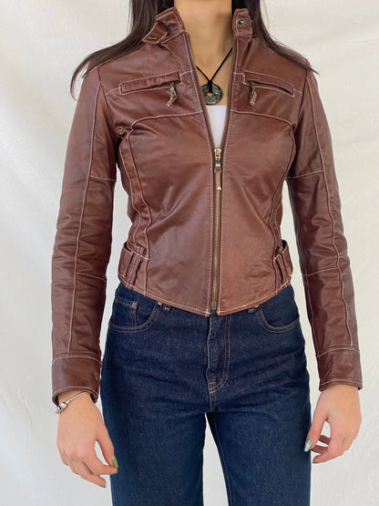 Vintage 90s Hypnotic Brown Genuine Leather Biker Jacket - XS - Balagan Vintage Leather Jacket 90s, brown leather, Coats&Jackets, genuine leather, genuine leather jacket, Syntia, winter, Women's Leather Jackets