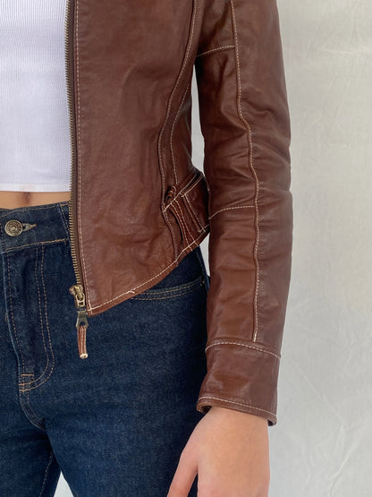 Vintage 90s Hypnotic Brown Genuine Leather Biker Jacket - XS - Balagan Vintage Leather Jacket 90s, brown leather, Coats&Jackets, genuine leather, genuine leather jacket, Syntia, winter, Women's Leather Jackets