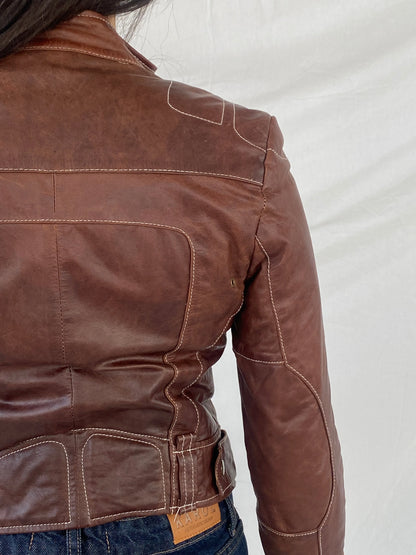 Vintage 90s Hypnotic Brown Genuine Leather Biker Jacket - XS - Balagan Vintage Leather Jacket 90s, brown leather, Coats&Jackets, genuine leather, genuine leather jacket, Syntia, winter, Women's Leather Jackets