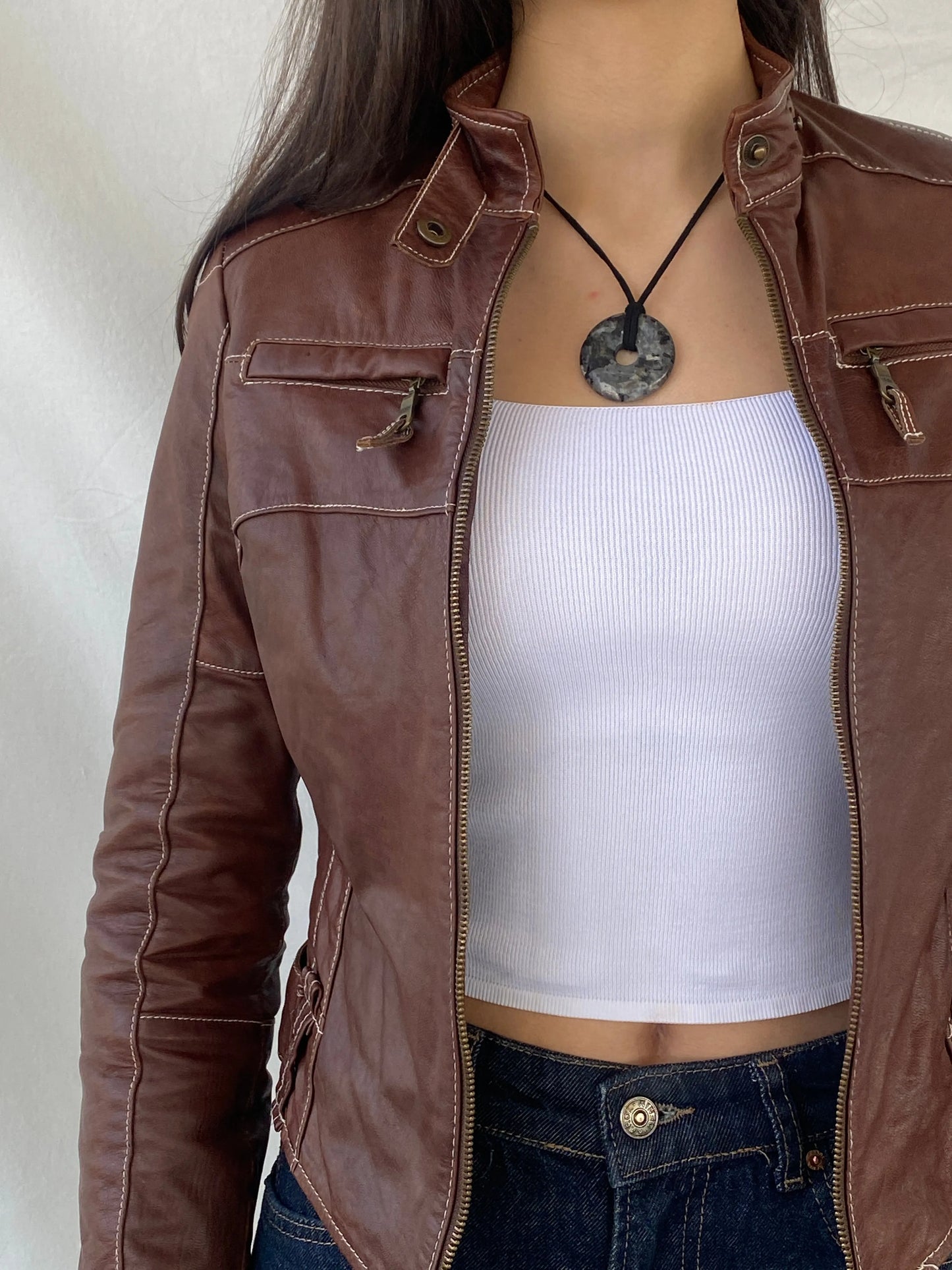 Vintage 90s Hypnotic Brown Genuine Leather Biker Jacket - XS - Balagan Vintage Leather Jacket 90s, brown leather, Coats&Jackets, genuine leather, genuine leather jacket, Syntia, winter, Women's Leather Jackets