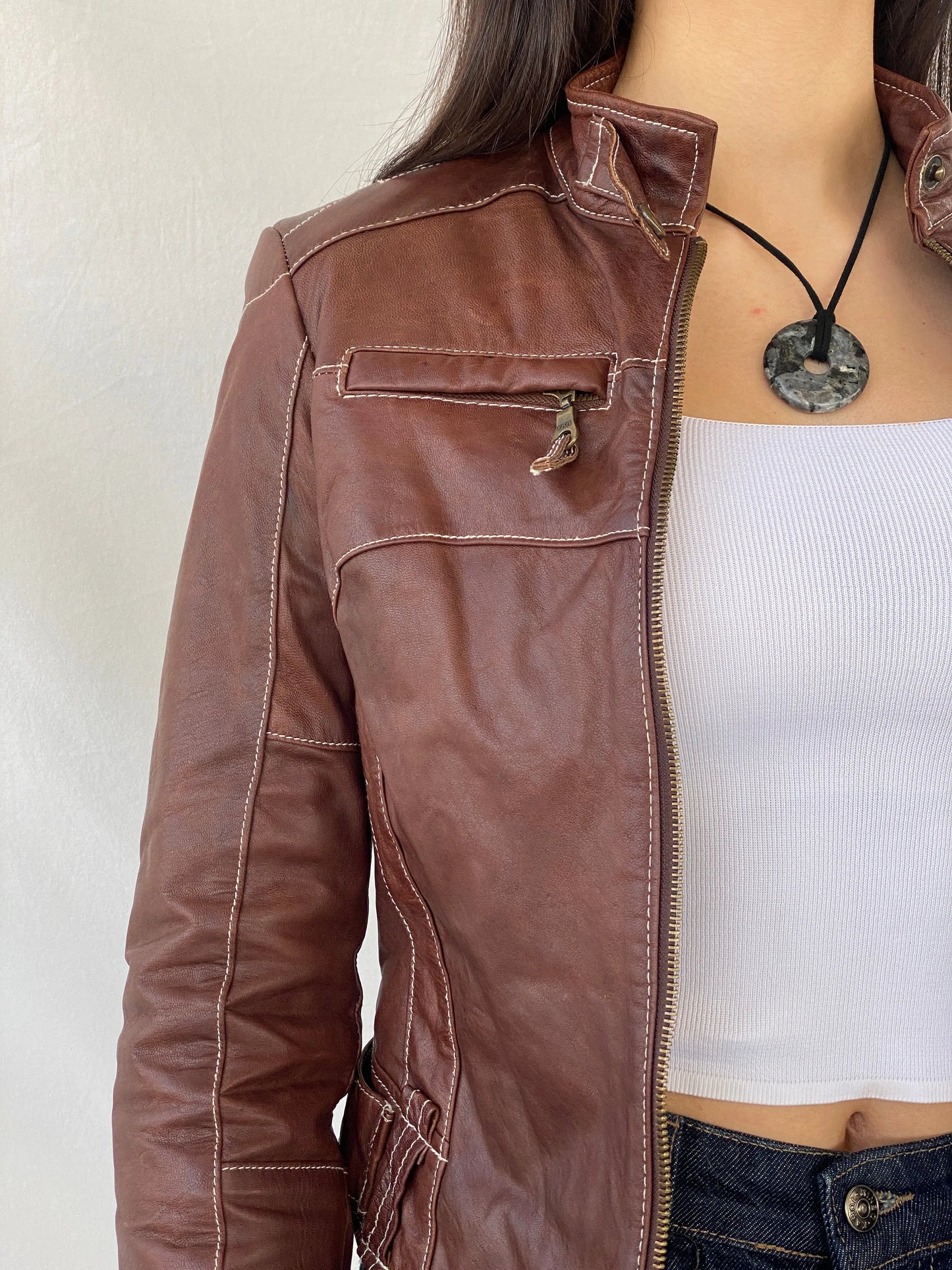 Vintage 90s Hypnotic Brown Genuine Leather Biker Jacket - XS - Balagan Vintage Leather Jacket 90s, brown leather, Coats&Jackets, genuine leather, genuine leather jacket, Syntia, winter, Women's Leather Jackets