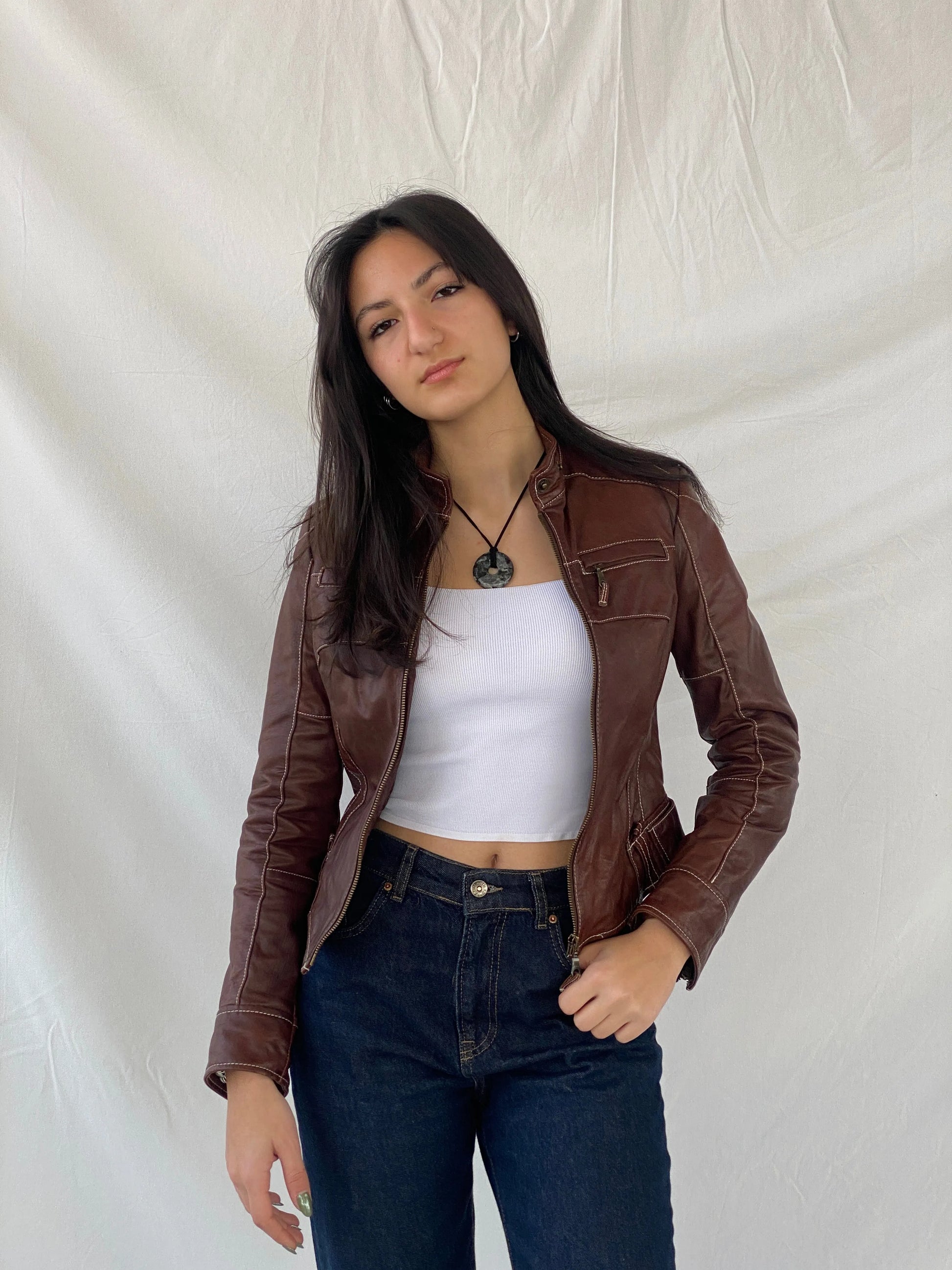 Vintage 90s Hypnotic Brown Genuine Leather Biker Jacket - XS - Balagan Vintage Leather Jacket 90s, brown leather, Coats&Jackets, genuine leather, genuine leather jacket, Syntia, winter, Women's Leather Jackets