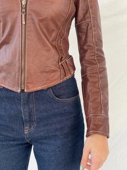 Vintage 90s Hypnotic Brown Genuine Leather Biker Jacket - XS - Balagan Vintage Leather Jacket 90s, brown leather, Coats&Jackets, genuine leather, genuine leather jacket, Syntia, winter, Women's Leather Jackets