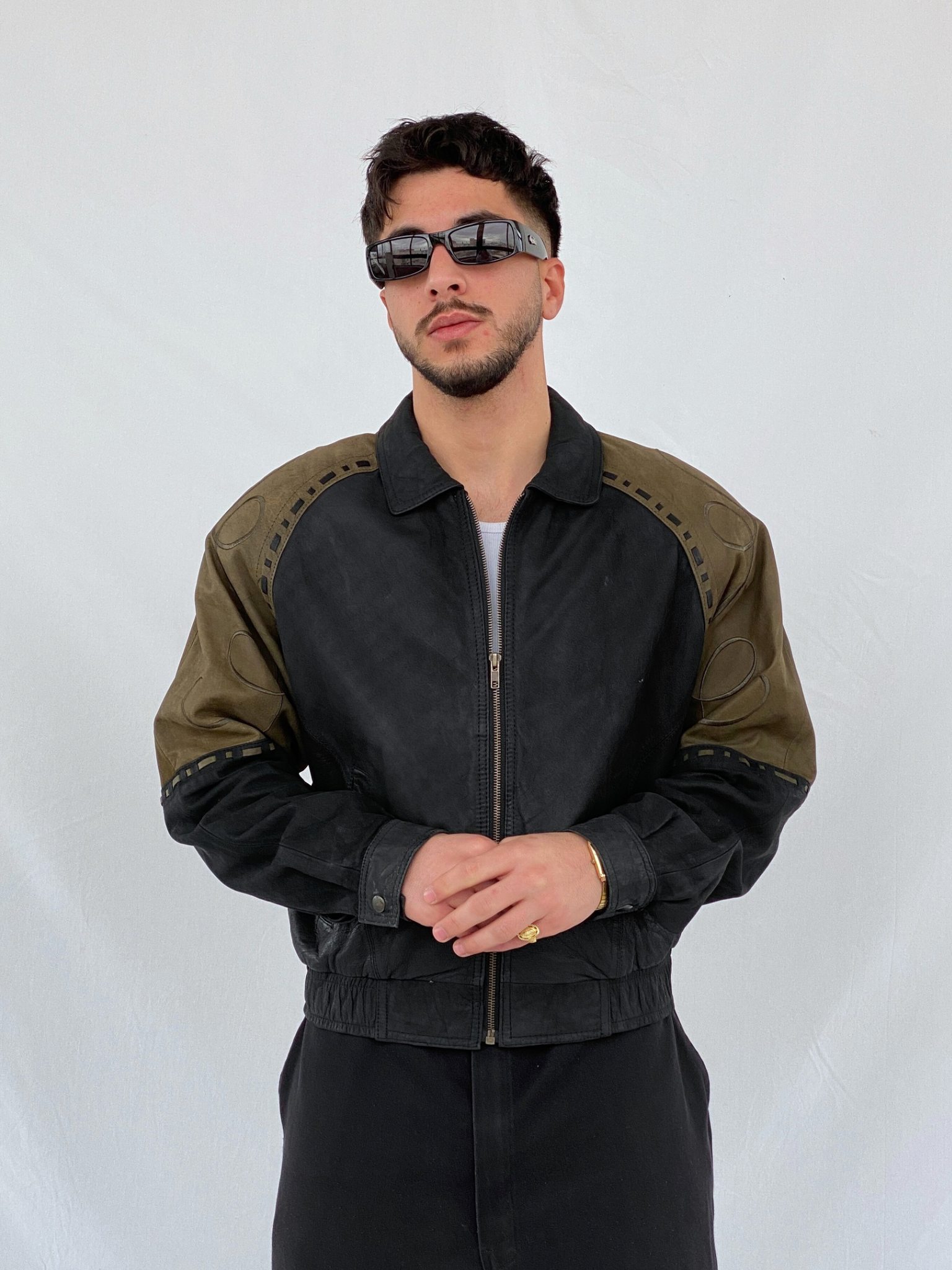 Vintage 90s IOU MCMXC Euro Mode Men’s Black Green Shoulder Patch Leather Bomber Jacket - S - Balagan Vintage Leather Jacket black leather, brown leather, genuine leather, genuine leather jacket, Hamza, men, mens jackets, NEW IN