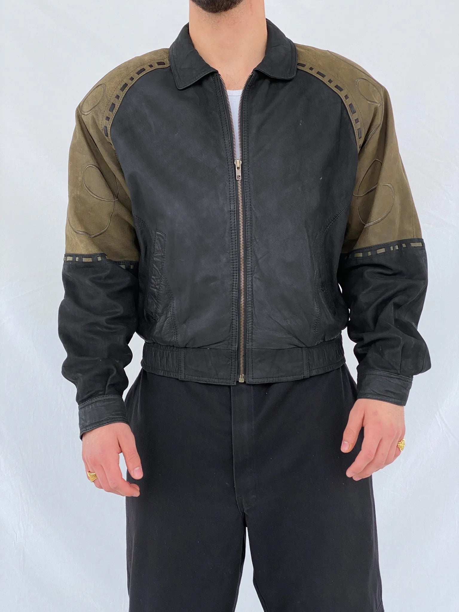 Vintage 90s IOU MCMXC Euro Mode Men’s Black Green Shoulder Patch Leather Bomber Jacket - S - Balagan Vintage Leather Jacket black leather, brown leather, genuine leather, genuine leather jacket, Hamza, men, mens jackets