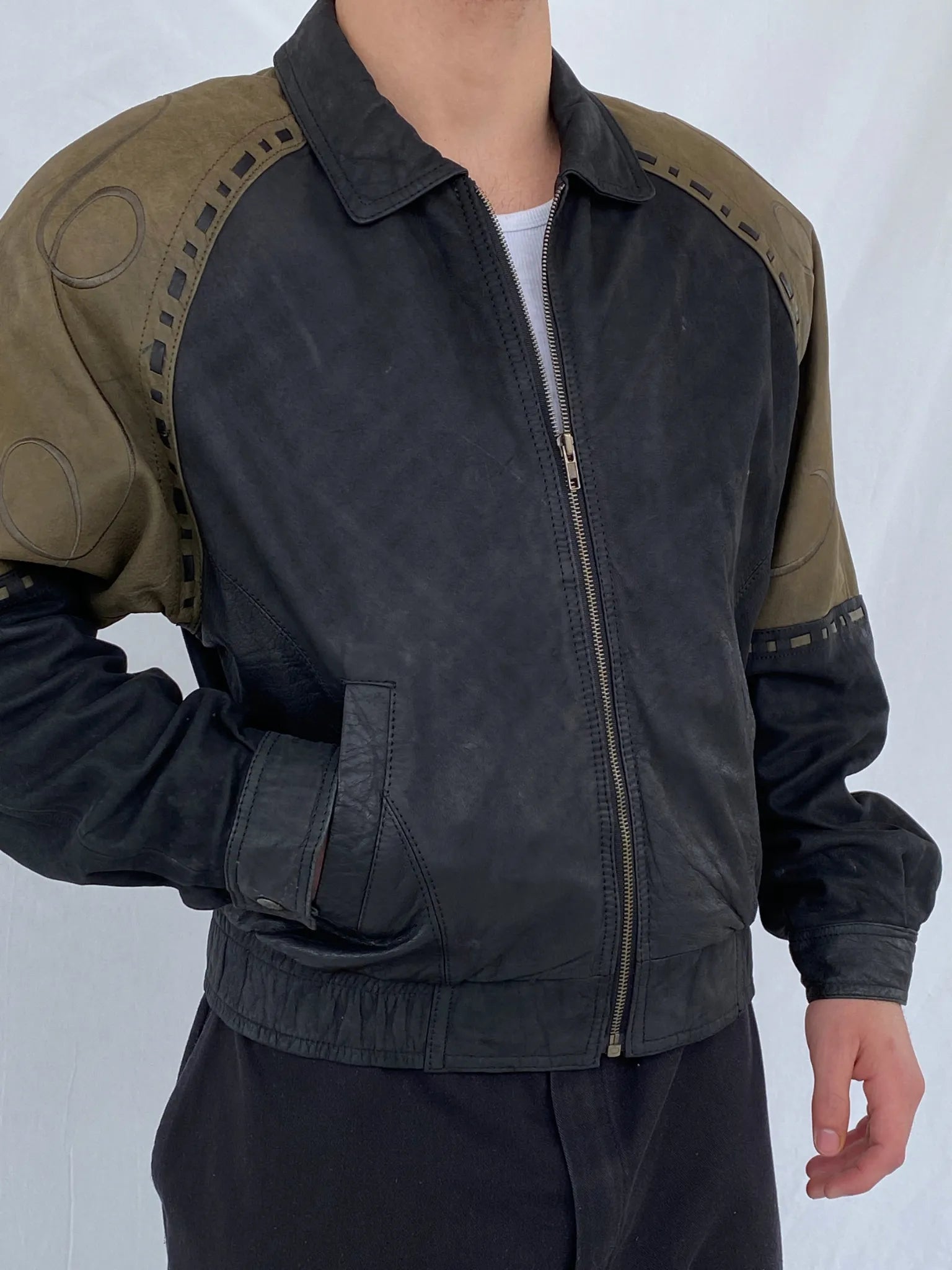 Vintage 90s IOU MCMXC Euro Mode Men’s Black Green Shoulder Patch Leather Bomber Jacket - S - Balagan Vintage Leather Jacket black leather, brown leather, genuine leather, genuine leather jacket, Hamza, men, mens jackets