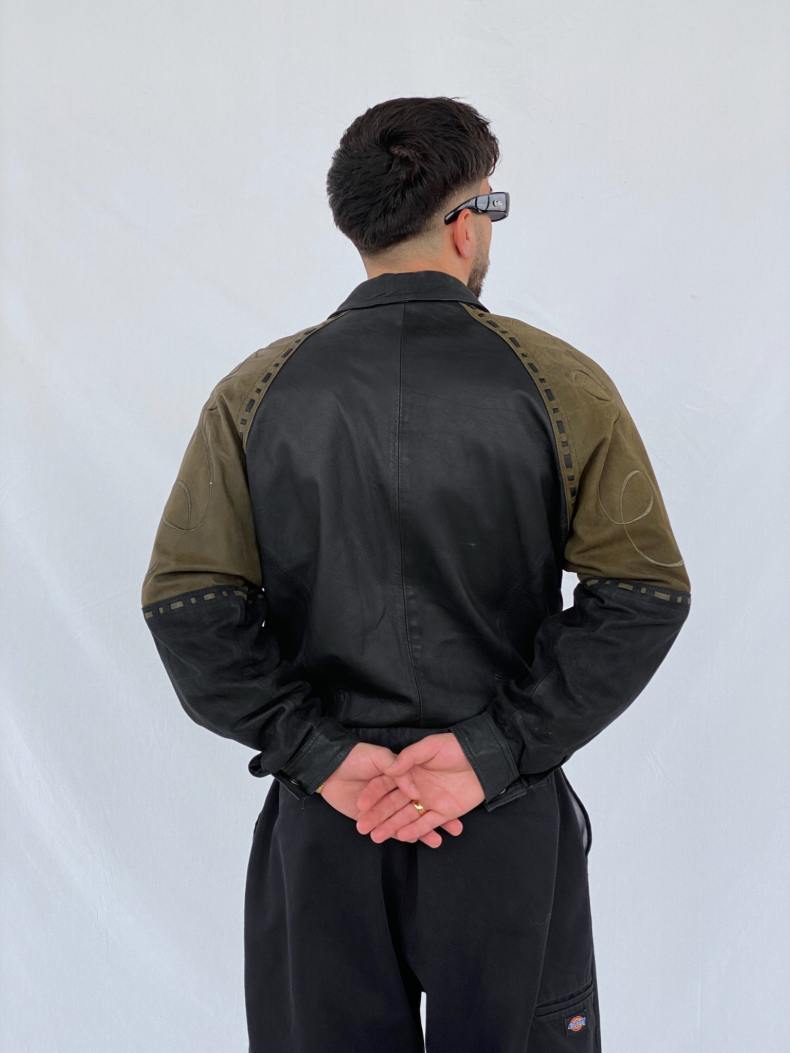 Vintage 90s IOU MCMXC Euro Mode Men’s Black Green Shoulder Patch Leather Bomber Jacket - S - Balagan Vintage Leather Jacket black leather, brown leather, genuine leather, genuine leather jacket, Hamza, men, mens jackets, NEW IN