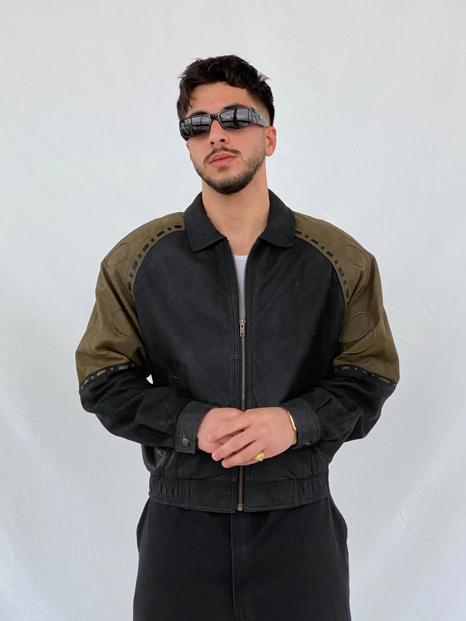 Vintage 90s IOU MCMXC Euro Mode Men’s Black Green Shoulder Patch Leather Bomber Jacket - S - Balagan Vintage Leather Jacket black leather, brown leather, genuine leather, genuine leather jacket, Hamza, men, mens jackets