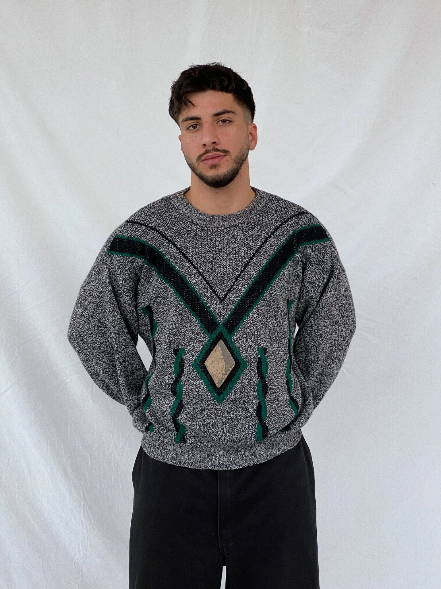 Vintage 90s Italian Wool Blend Grey Green Men’s Crew Neck Knitted Sweater - M - Balagan Vintage Sweater 90s, Hamza, knit, knitted, knitted sweater, men, NEW IN, streetwear, vintage, vintage sweater, winter