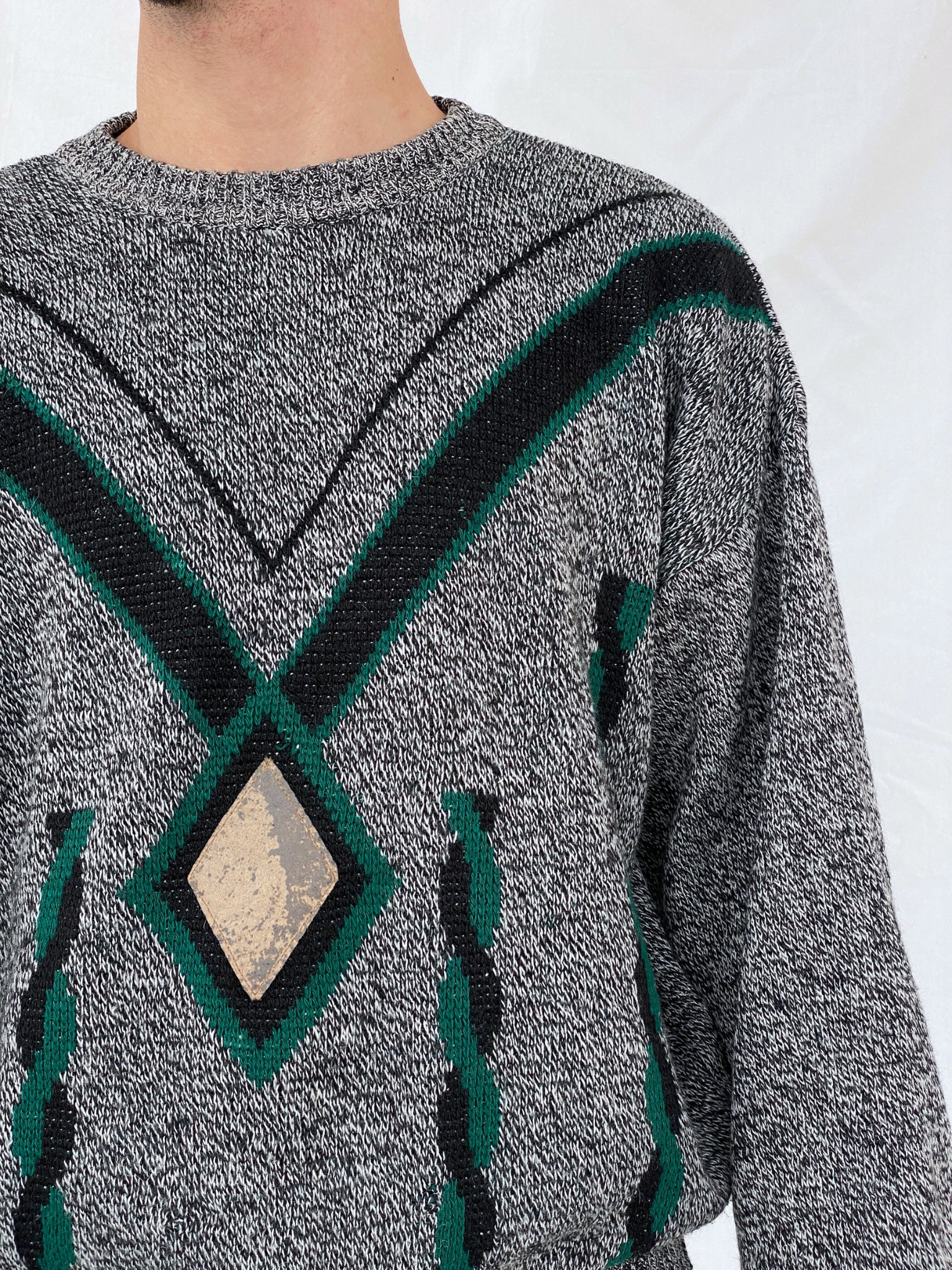 Vintage 90s Italian Wool Blend Grey Green Men’s Crew Neck Knitted Sweater - M - Balagan Vintage Sweater 90s, Hamza, knit, knitted, knitted sweater, men, NEW IN, streetwear, vintage, vintage sweater, winter