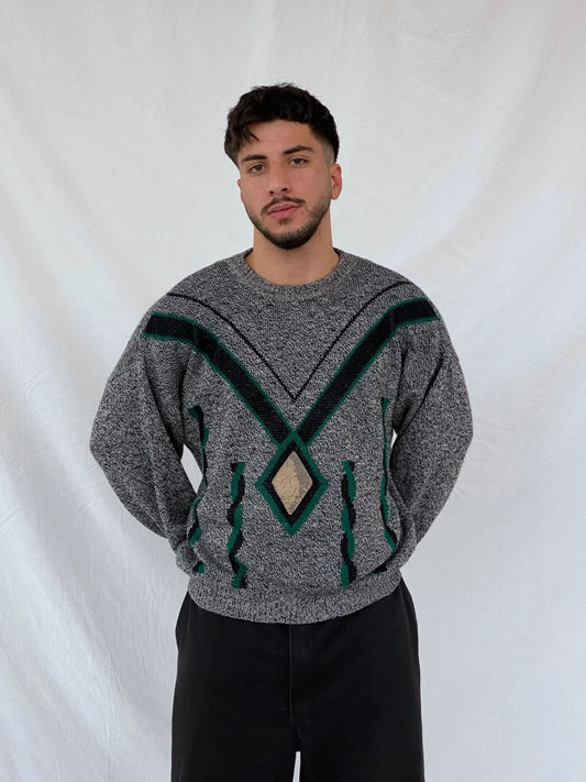 Vintage 90s Italian Wool Blend Grey Green Men’s Crew Neck Knitted Sweater - M - Balagan Vintage Sweater 90s, Hamza, knit, knitted, knitted sweater, men, streetwear, vintage, vintage sweater, winter