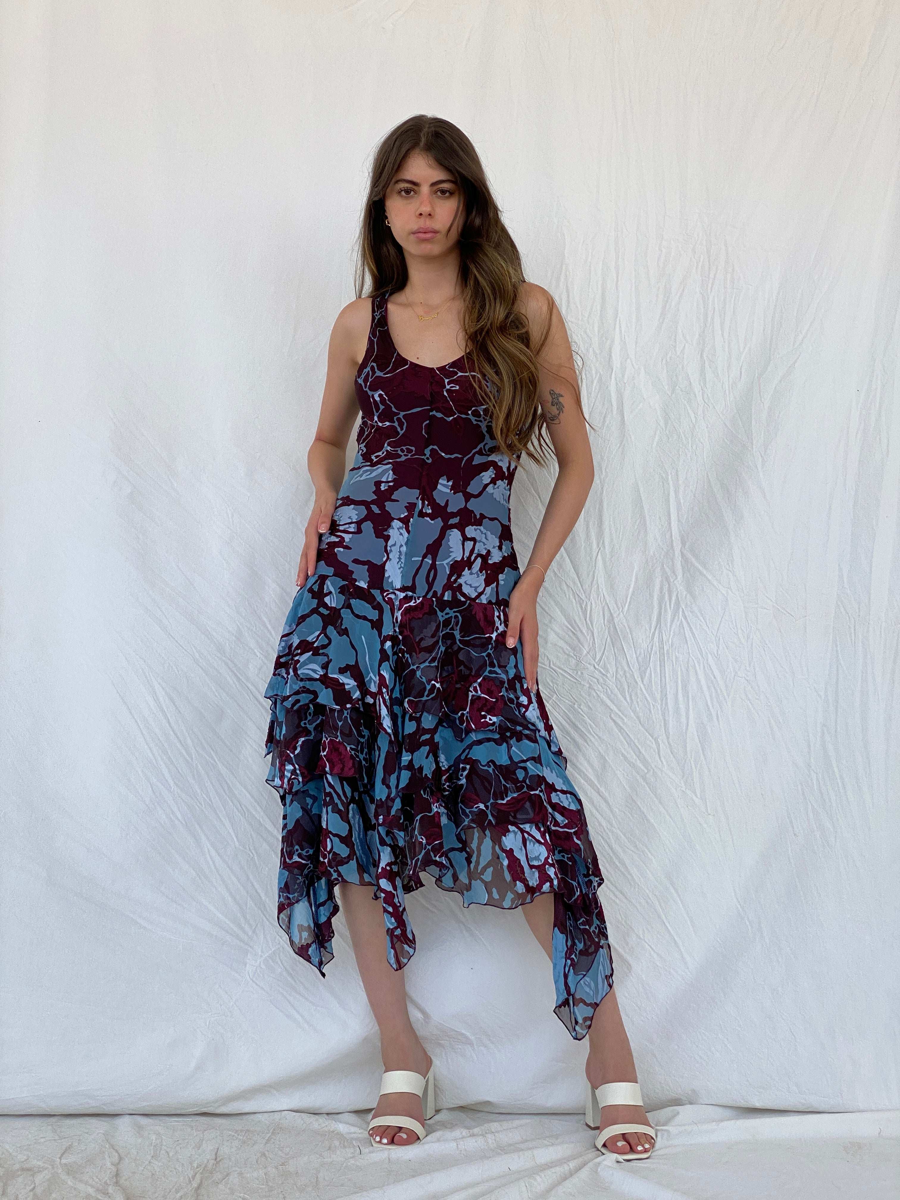 Vintage 90s Jeff Gallano Paris Layered Maroon and Blue Silk Dress - M - Balagan Vintage Midi Dress 00s, 90s, maxi dress, Mira, Wedding Guest