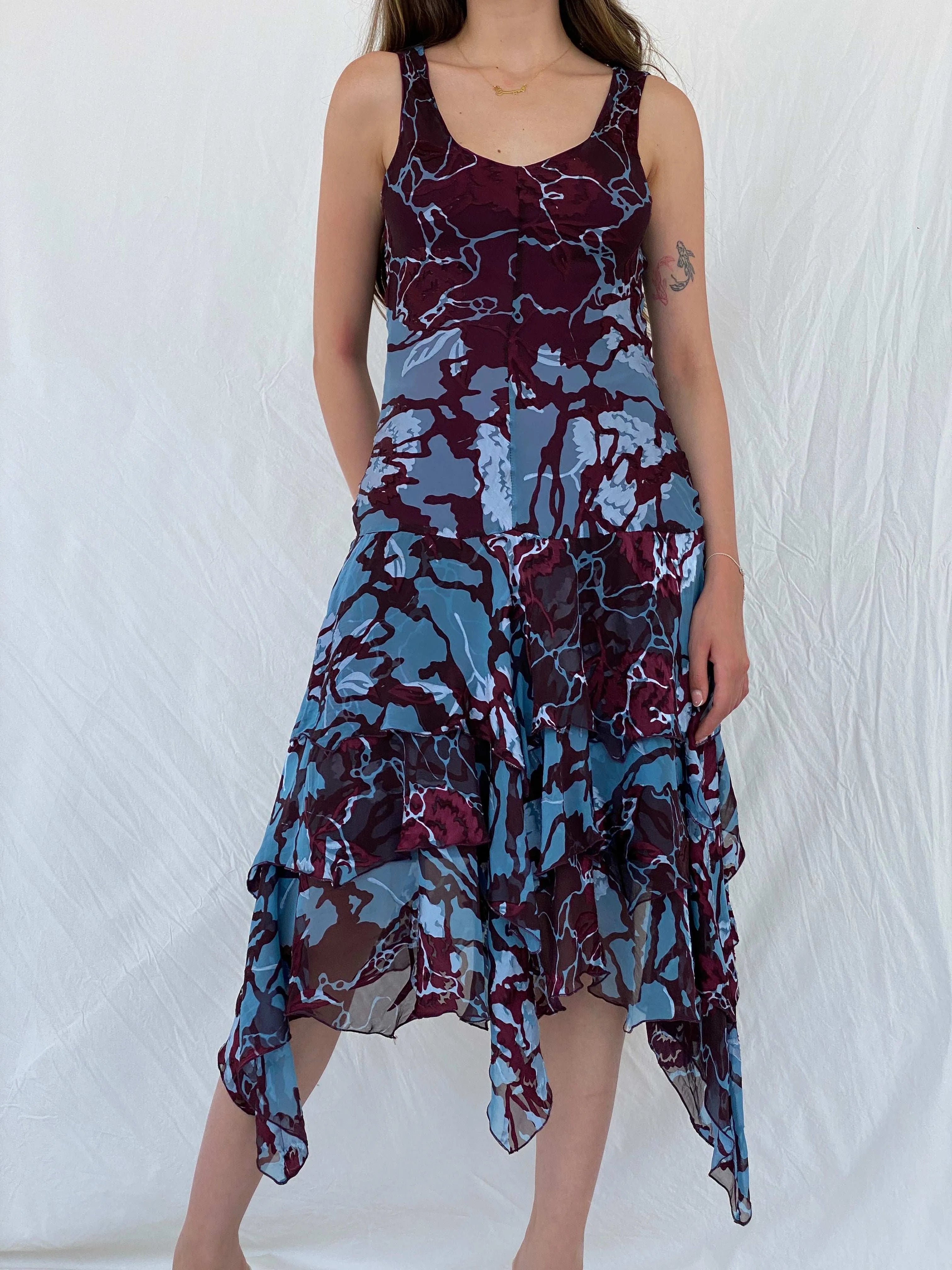 Vintage 90s Jeff Gallano Paris Layered Maroon and Blue Silk Dress - M - Balagan Vintage Midi Dress 00s, 90s, maxi dress, Mira, Wedding Guest
