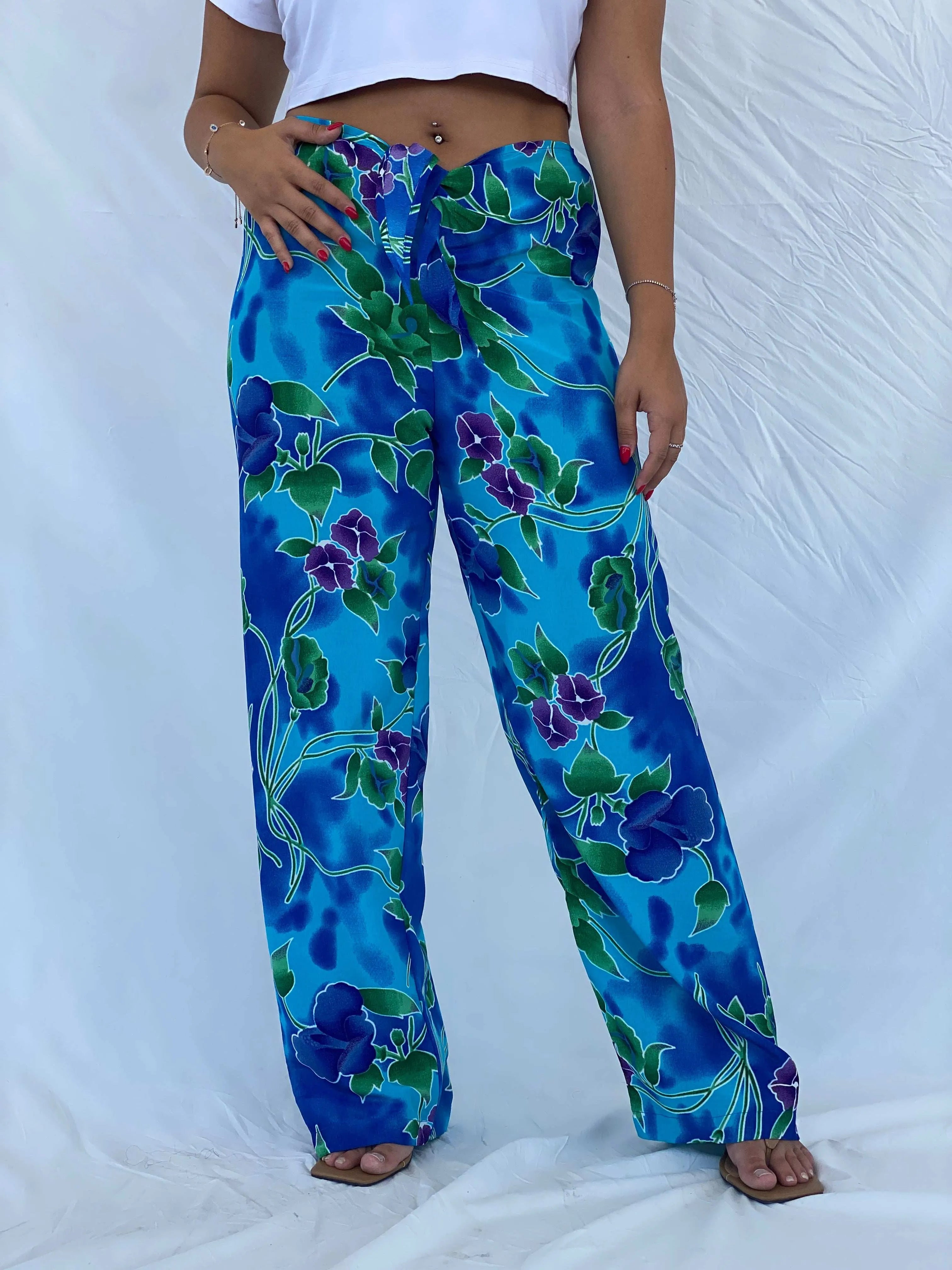 Vintage 90s Jessica Intimates Floral Blue Beach Pants - L - Balagan Vintage Pants 00s, 90s, Dina, floral, floral print, vintage pants