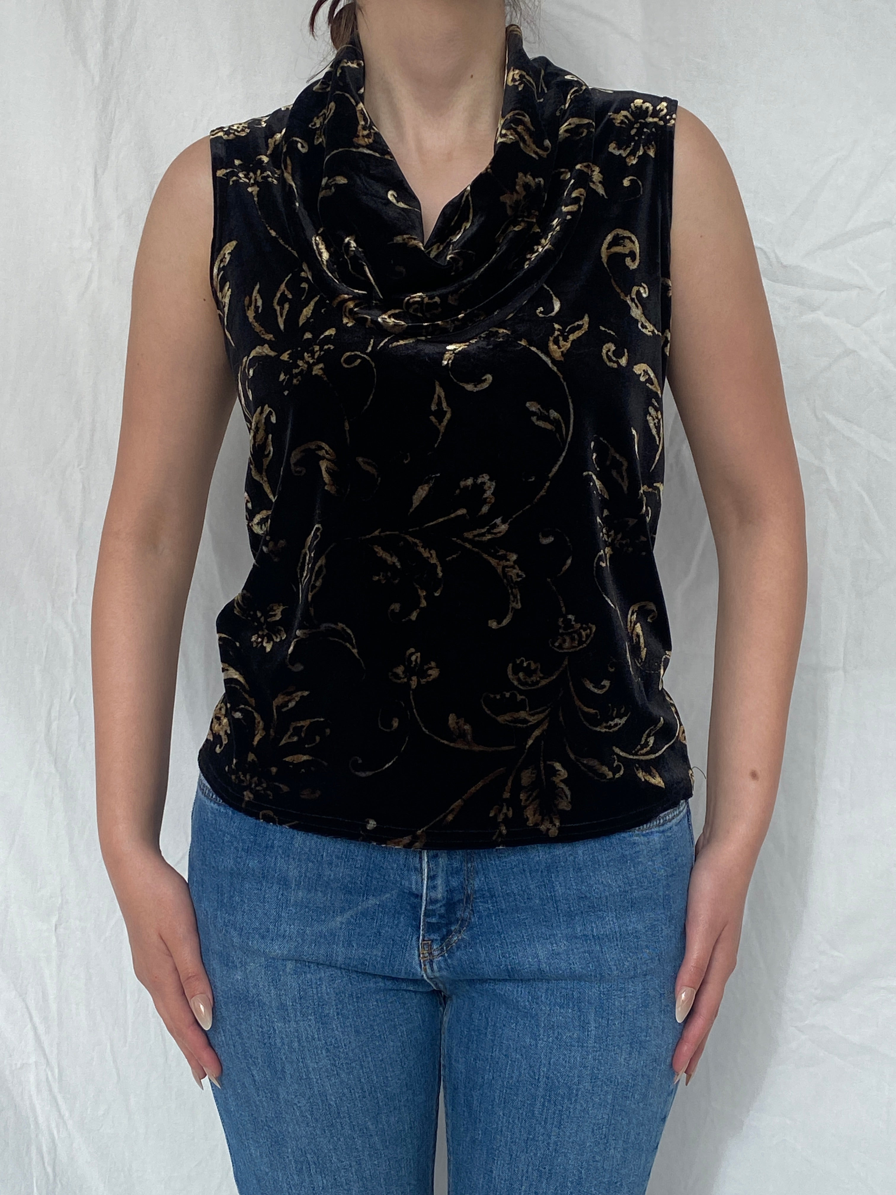 Vintage 90s Kathie Lee Collection Black & Gold Velvet Cowl Neck Women’s Sleeveless Top - M - Balagan Vintage Sleeveless Top Ayah, NEW IN, sleeveless top, velvet, velvet top