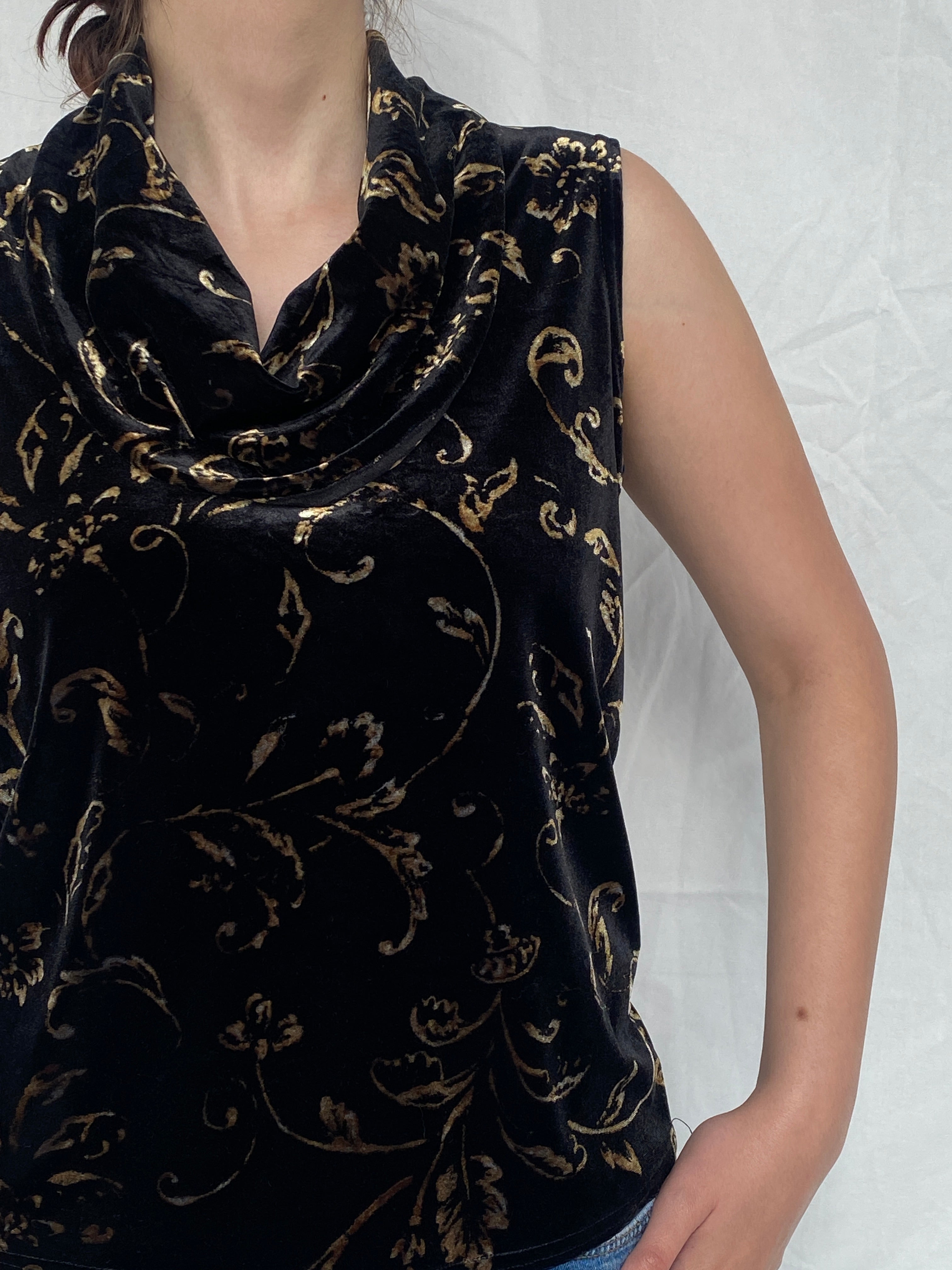 Vintage 90s Kathie Lee Collection Black & Gold Velvet Cowl Neck Women’s Sleeveless Top - M - Balagan Vintage Sleeveless Top Ayah, NEW IN, sleeveless top, velvet, velvet top