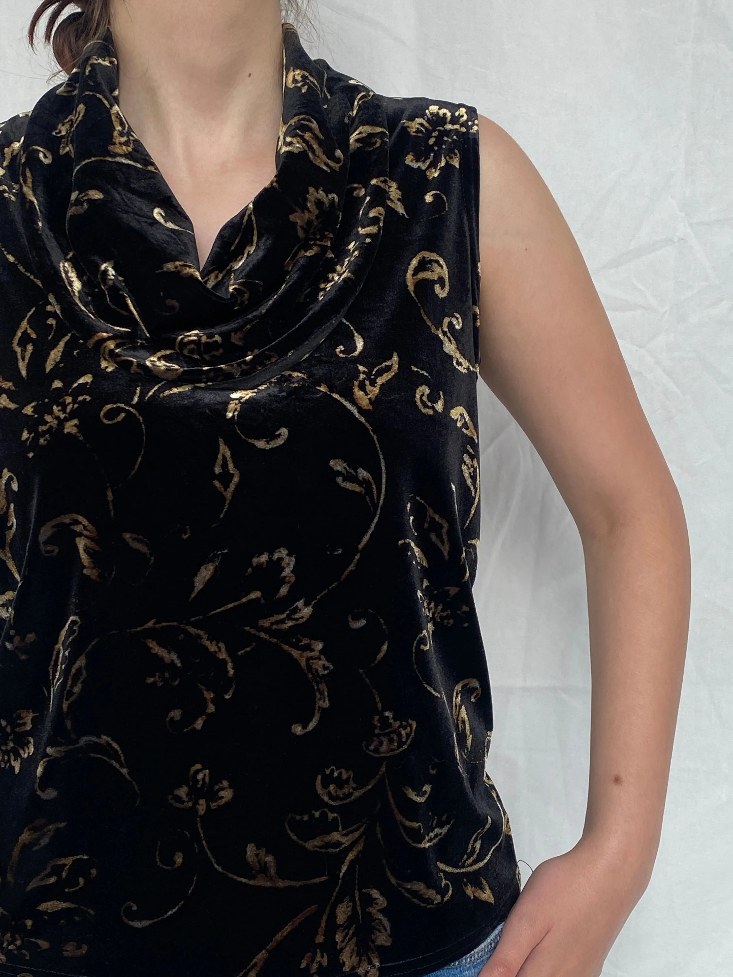 Vintage 90s Kathie Lee Collection Black & Gold Velvet Cowl Neck Women’s Sleeveless Top - M - Balagan Vintage Sleeveless Top Ayah, sleeveless top, velvet, velvet top