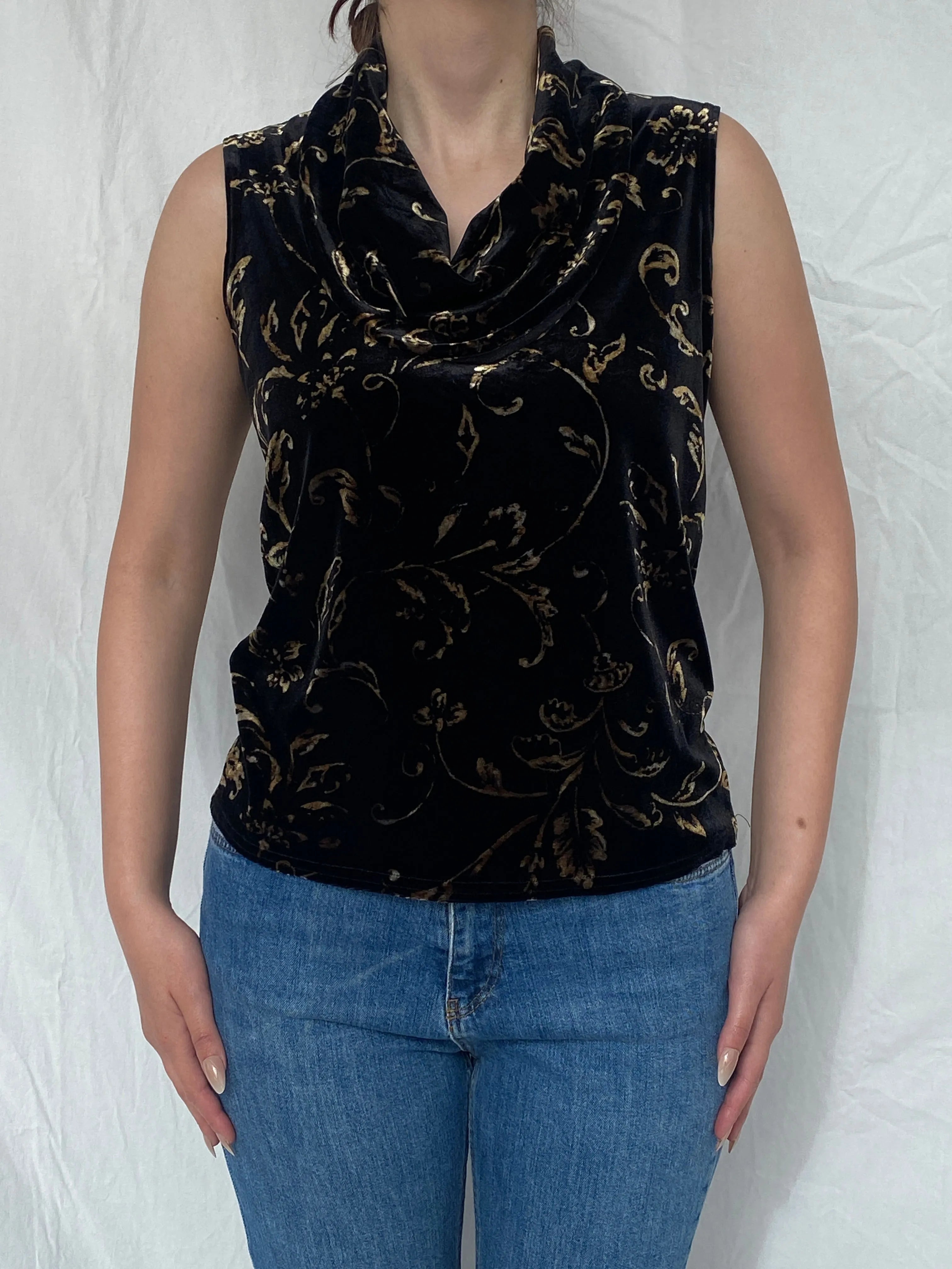 Vintage 90s Kathie Lee Collection Black & Gold Velvet Cowl Neck Women’s Sleeveless Top - M - Balagan Vintage Sleeveless Top Ayah, sleeveless top, velvet, velvet top