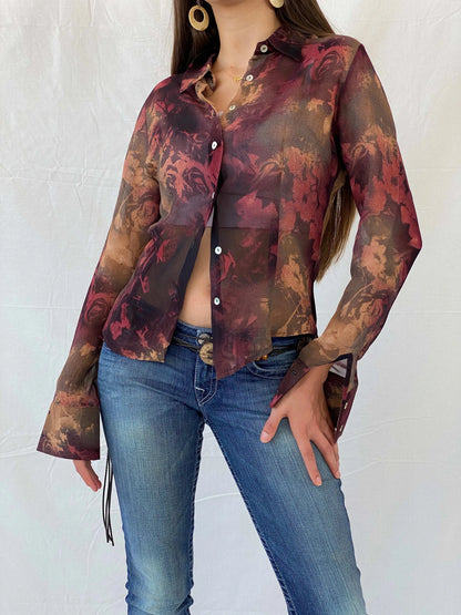 Vintage 90s LA CITY Paris Sheer Maroon Floral Shirt - M - Balagan Vintage Full Sleeve Top 00s, 90s, floral shirt, Mira, Office core, sheer, sheer shirt, women top
