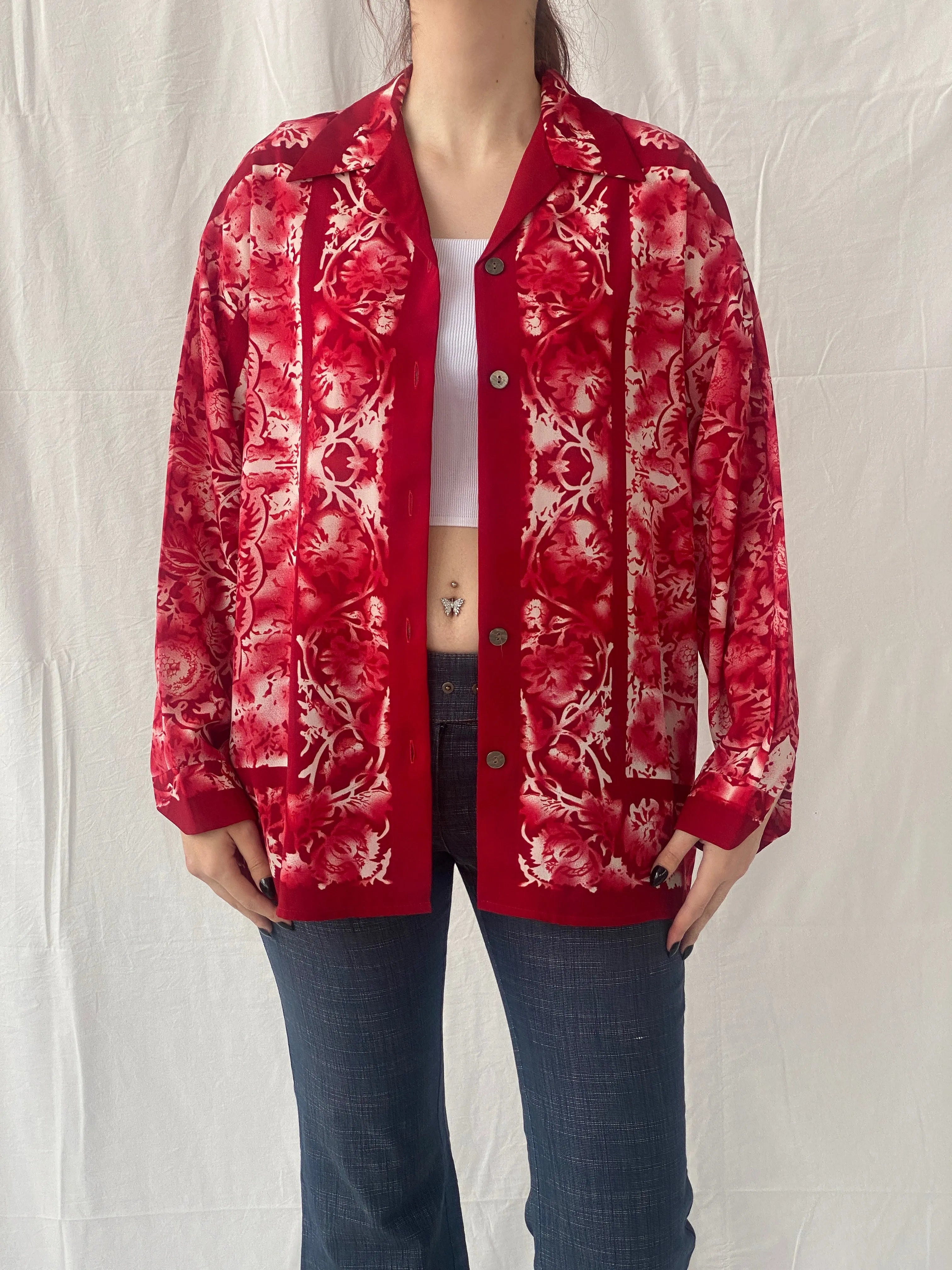 Vintage 90s Le Caviar Red & White Floral Full Sleeve Women’s Shirt - M - Balagan Vintage Full sleeve Shirt 00s, Ayah, floral shirt, NEW IN, shirt, women shirt