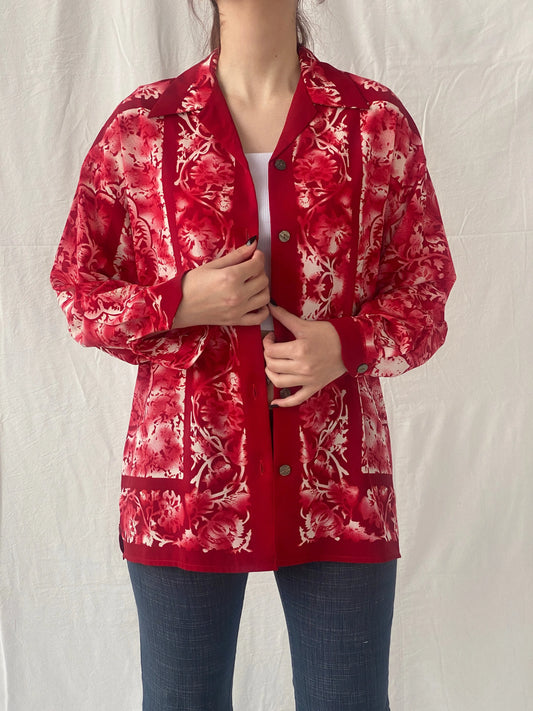 Vintage 90s Le Caviar Red & White Floral Full Sleeve Women’s Shirt - M - Balagan Vintage Full sleeve Shirt 00s, Ayah, floral shirt, shirt, women shirt