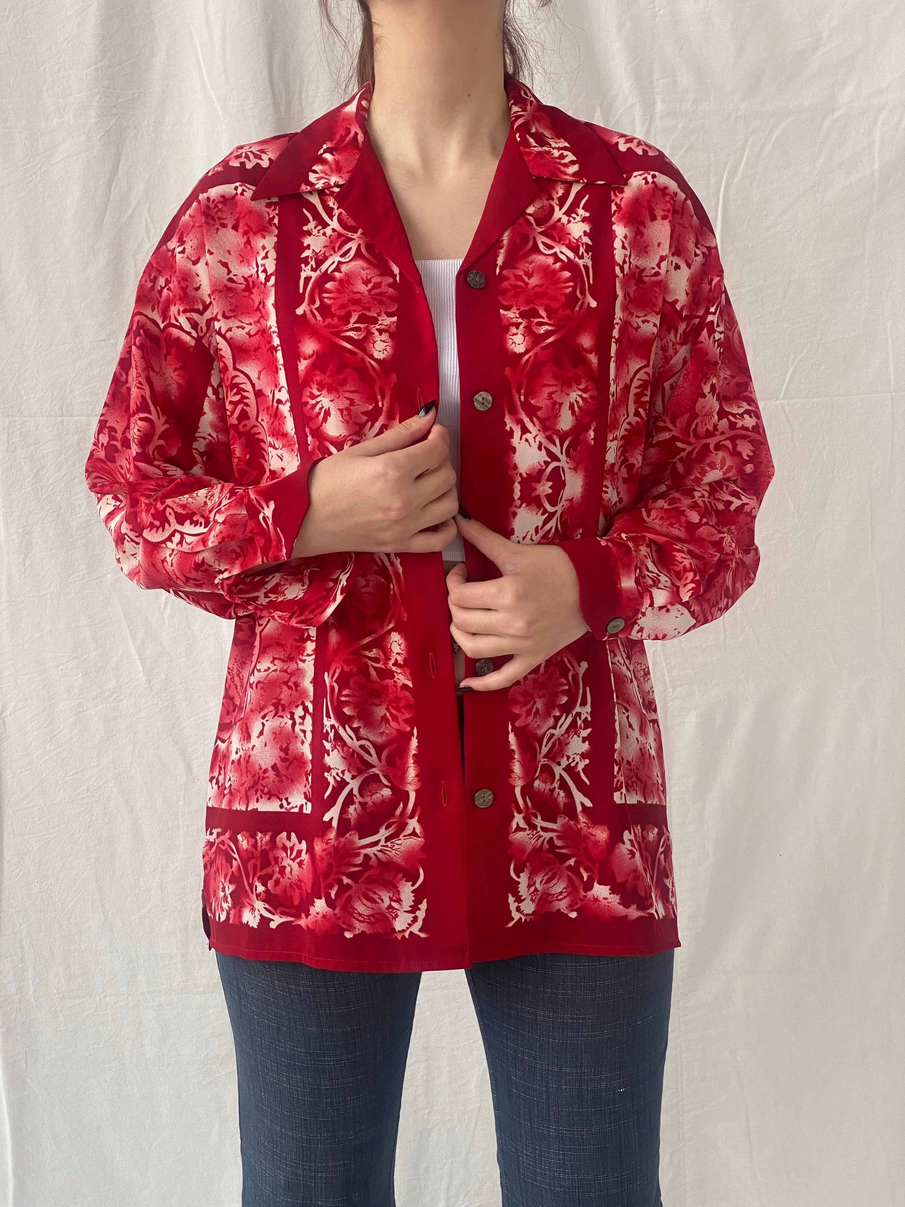 Vintage 90s Le Caviar Red & White Floral Full Sleeve Women’s Shirt - M - Balagan Vintage Full sleeve Shirt 00s, Ayah, floral shirt, NEW IN, shirt, women shirt