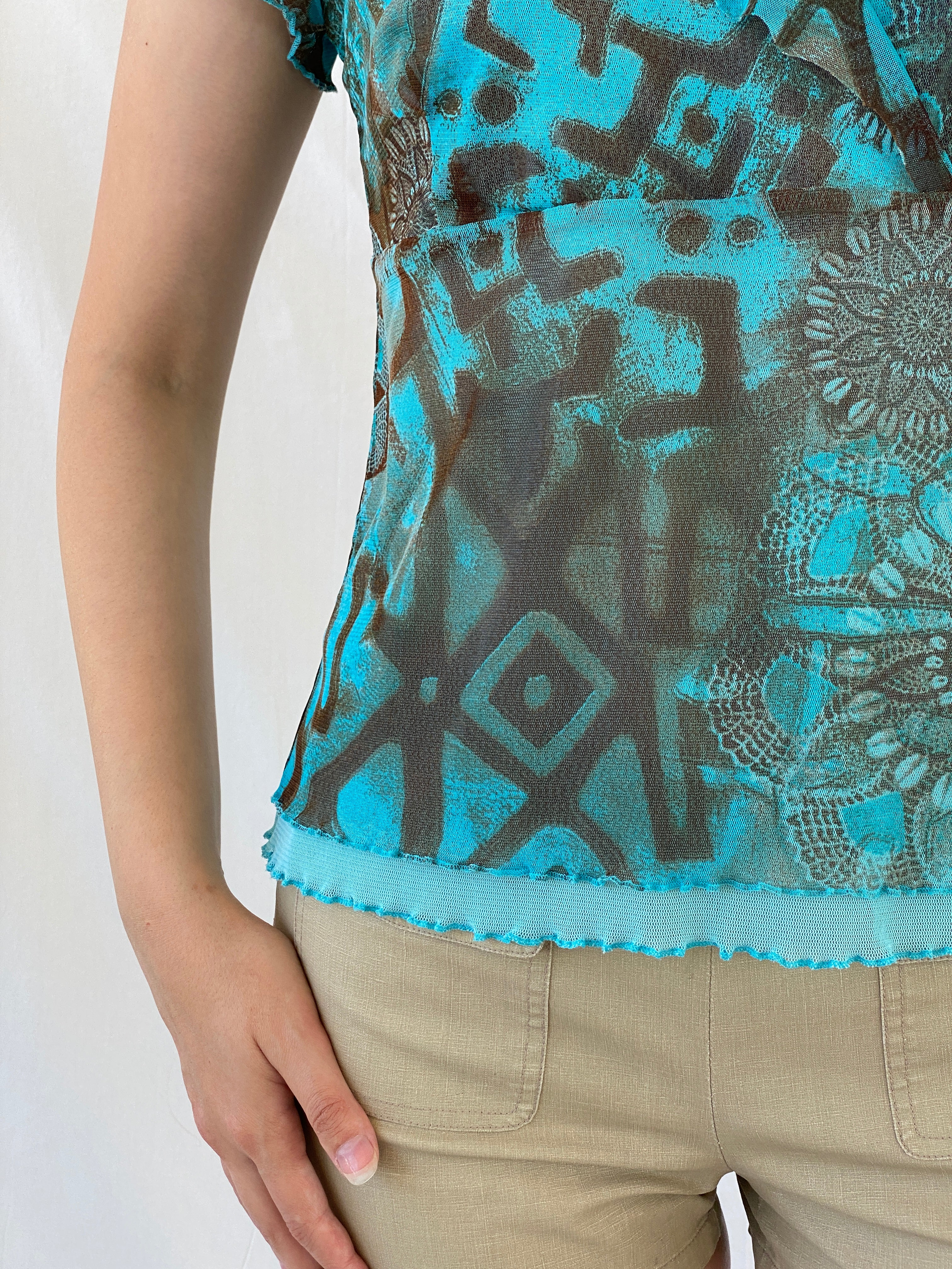Vintage 90s Liberty Island Graphic Blue Brown Floral Ruffle Neckline Mesh Top - L - Balagan Vintage Half Sleeve Top 00s, Ayah, floral mesh, mesh, mesh top, NEW IN, summer, women top