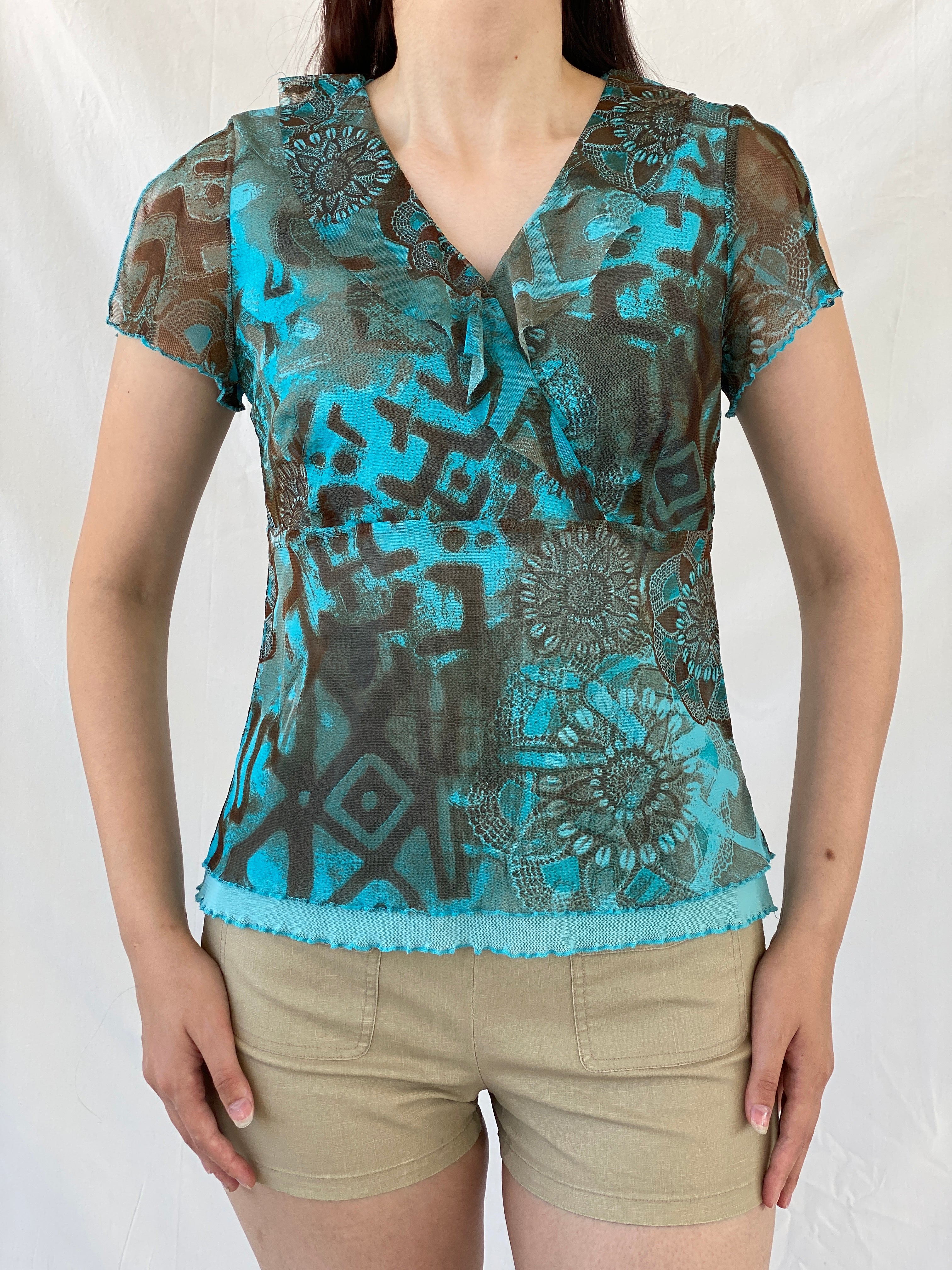 Vintage 90s Liberty Island Graphic Blue Brown Floral Ruffle Neckline Mesh Top - L - Balagan Vintage Half Sleeve Top 00s, Ayah, floral mesh, mesh, mesh top, NEW IN, summer, women top