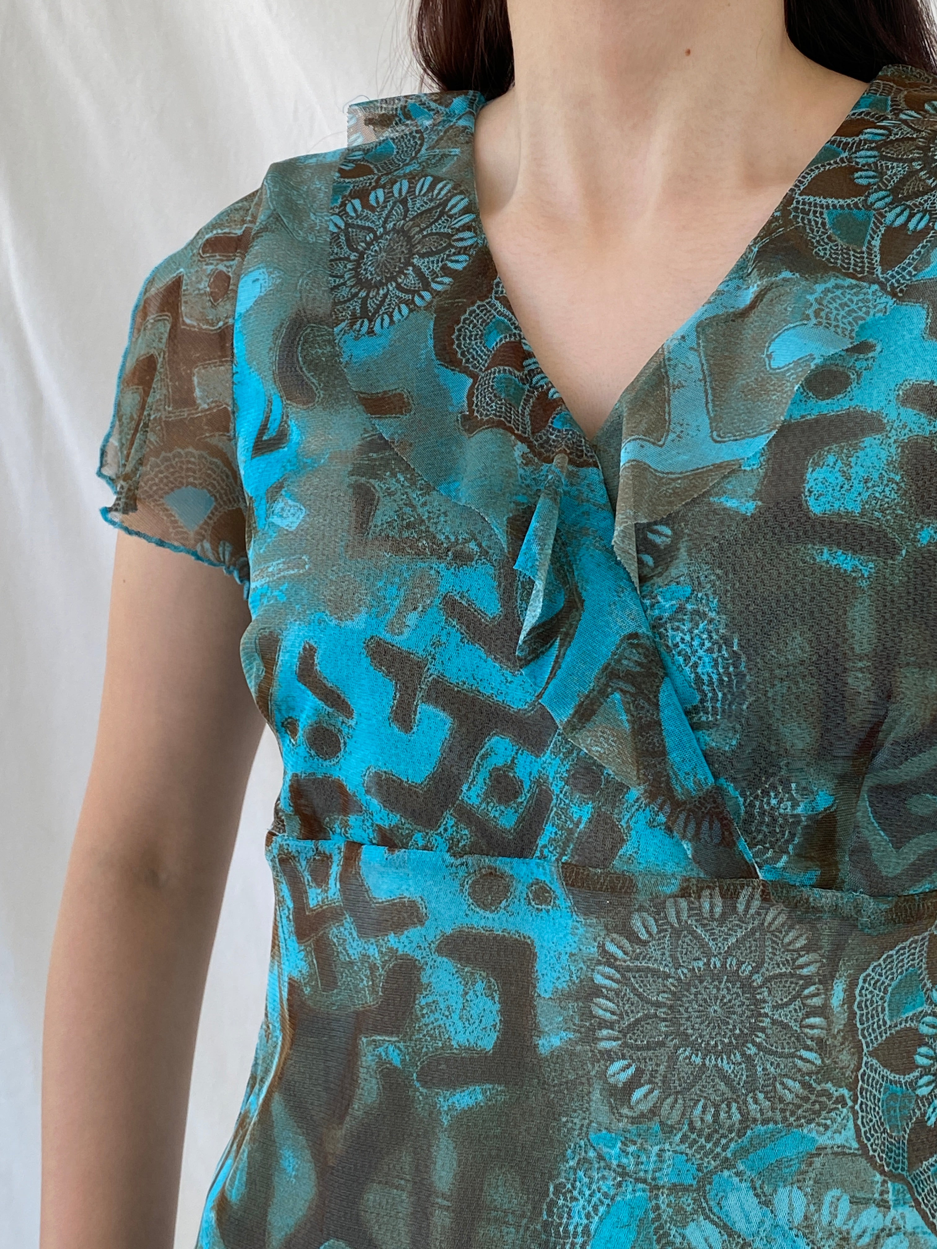 Vintage 90s Liberty Island Graphic Blue Brown Floral Ruffle Neckline Mesh Top - L - Balagan Vintage Half Sleeve Top 00s, Ayah, floral mesh, mesh, mesh top, NEW IN, summer, women top