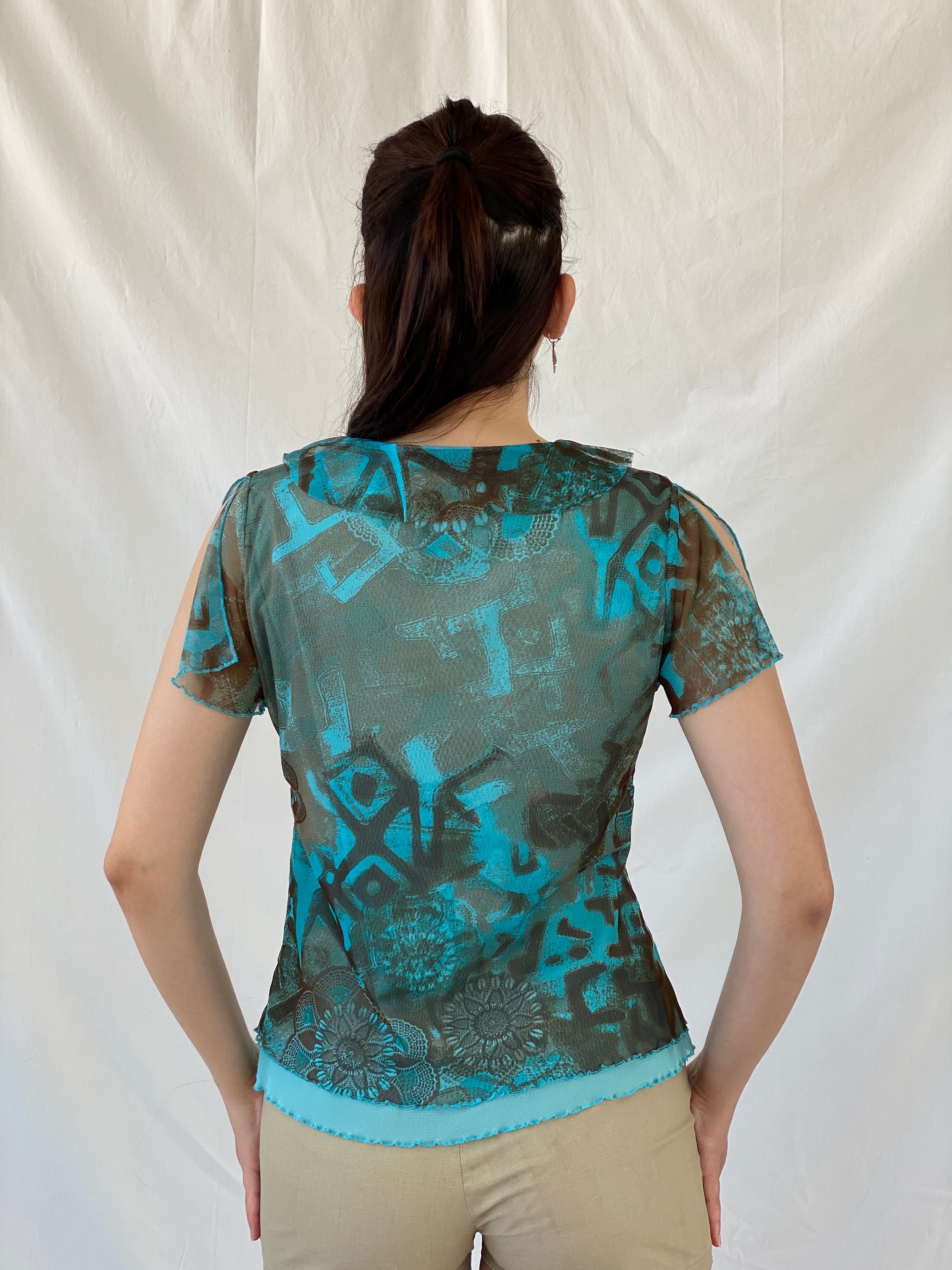 Vintage 90s Liberty Island Graphic Blue Brown Floral Ruffle Neckline Mesh Top - L - Balagan Vintage Half Sleeve Top 00s, Ayah, floral mesh, mesh, mesh top, NEW IN, summer, women top