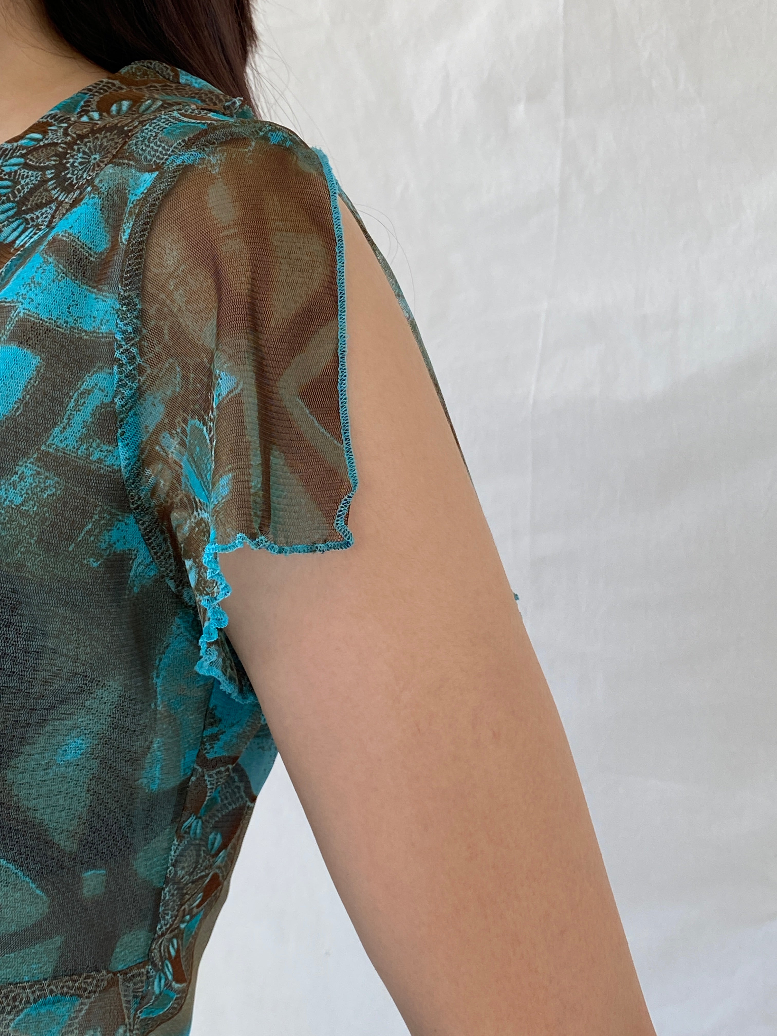 Vintage 90s Liberty Island Graphic Blue Brown Floral Ruffle Neckline Mesh Top - L - Balagan Vintage Half Sleeve Top 00s, Ayah, floral mesh, mesh, mesh top, NEW IN, summer, women top