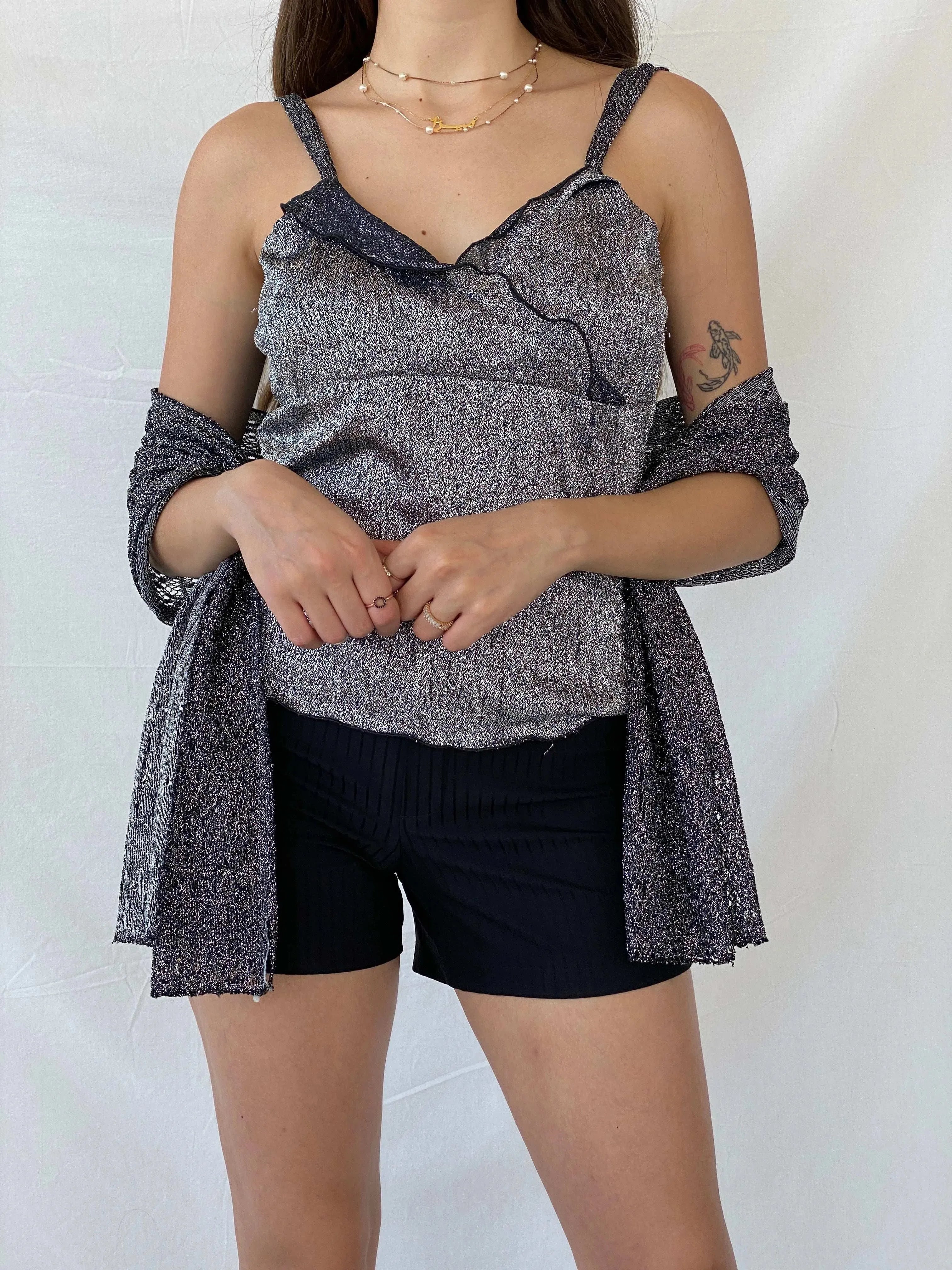 Vintage 90s Malibu Shimmery Silver Party Top with Matching Scarf - M - Balagan Vintage Sleeveless Top 00s, Deals, Mira, shimmer, sleeveless top, women top