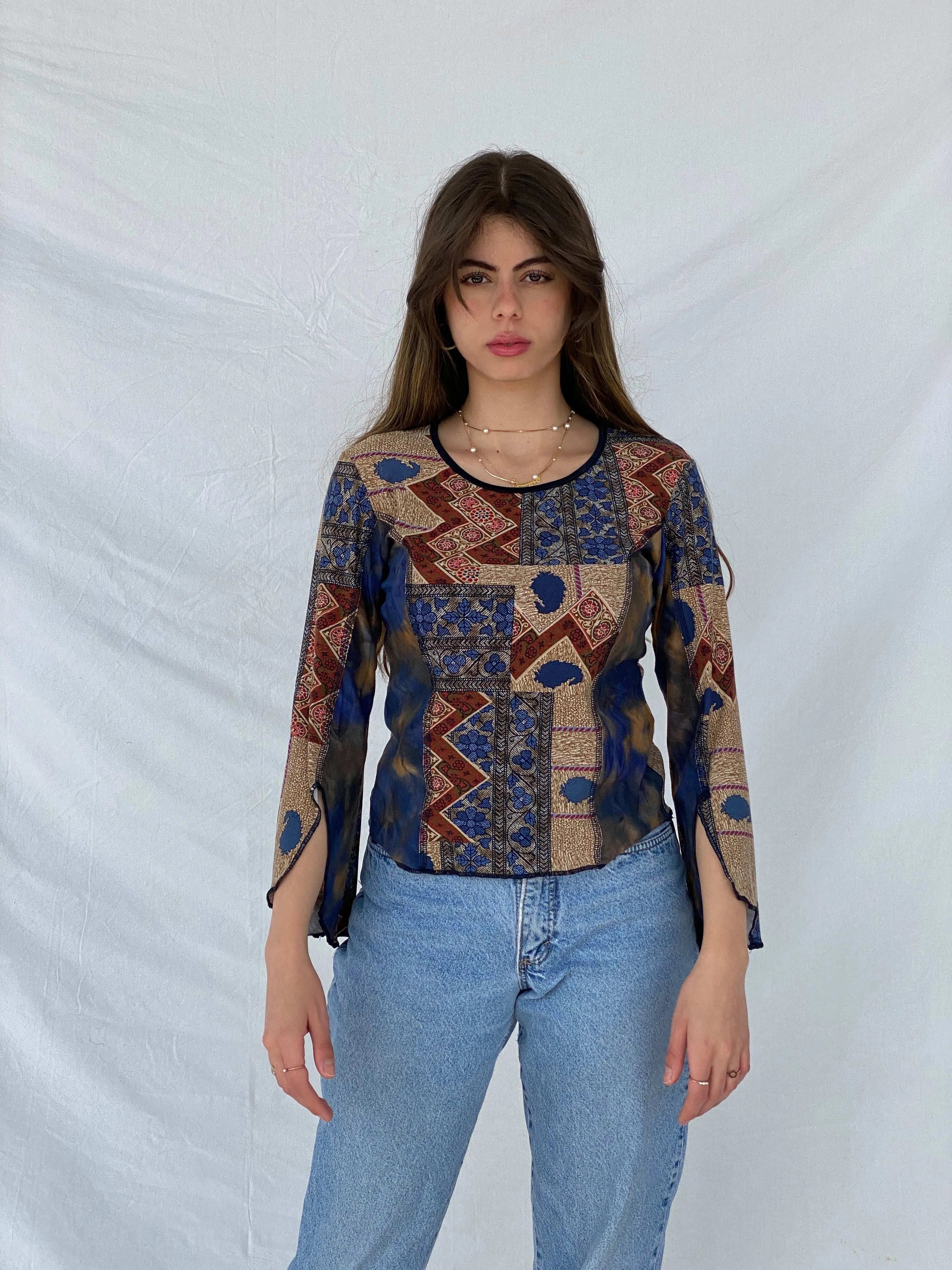 Vintage 90s Marie Claire Printed Top - Size Medium - Balagan Vintage Full Sleeve Top full sleeve top, mesh top, Mira