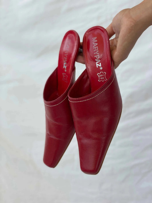 Vintage 90s Marypaz Red Genuine Leather Mules - Balagan Vintage Heels 00s, 90s, Boots, genuine leather, shoes