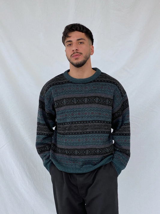 Vintage 90s MC Men’s Casuals Geometric Abstract Striped Green Crew Neck Knitted Sweater - M - Balagan Vintage Sweater 90s, Hamza, knit, knitted, knitted sweater, men, streetwear, vintage, vintage sweater, winter