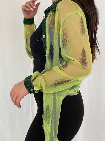 Vintage 90s Mon Lisai Green Mesh Shirt - Size L/XL - Balagan Vintage Full Sleeve Shirt 00s, Deals, mesh, Rama, women shirt