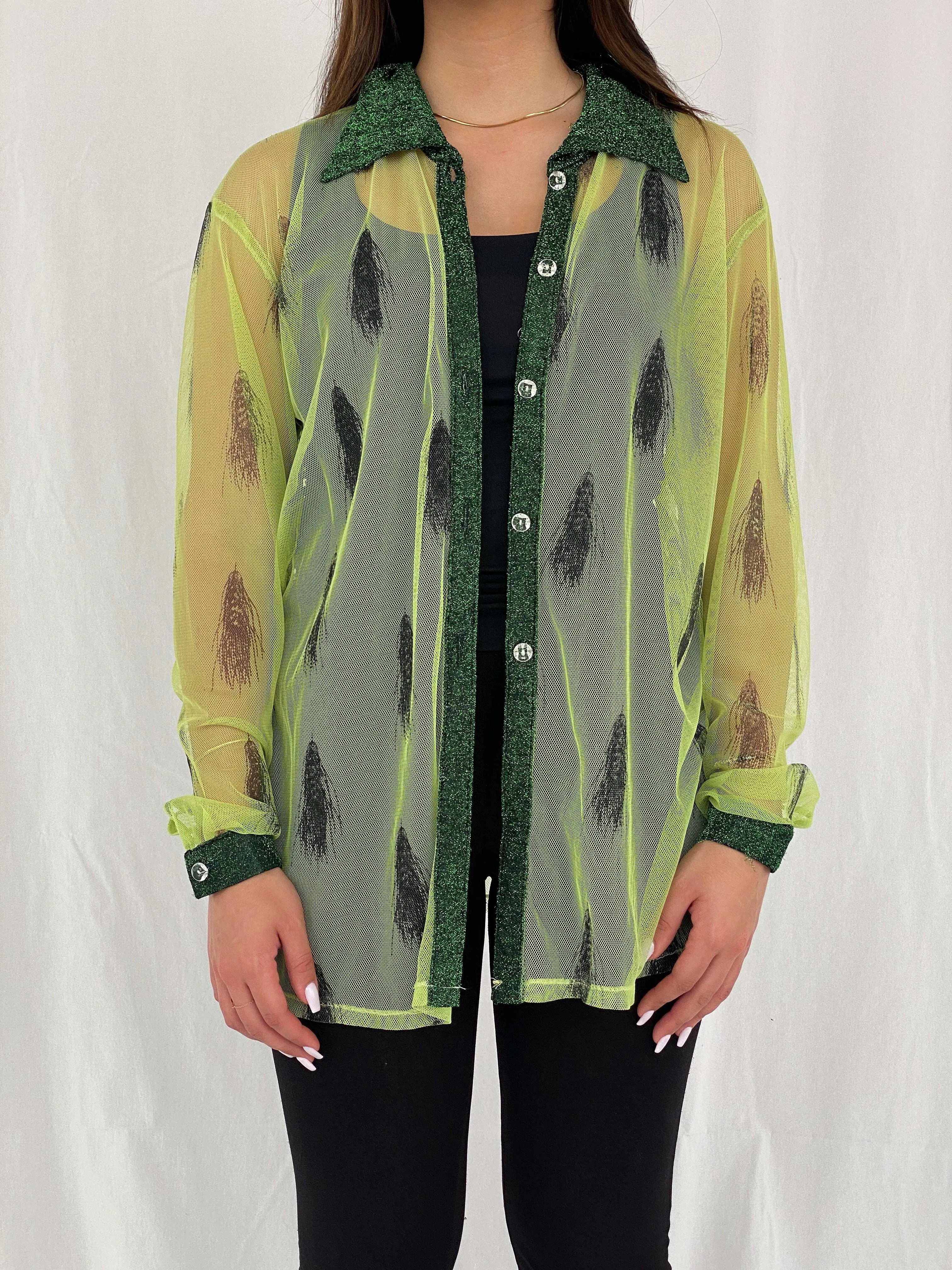 Vintage 90s Mon Lisai Green Mesh Shirt - Size L/XL - Balagan Vintage Full Sleeve Shirt 00s, mesh, Rama, women shirt