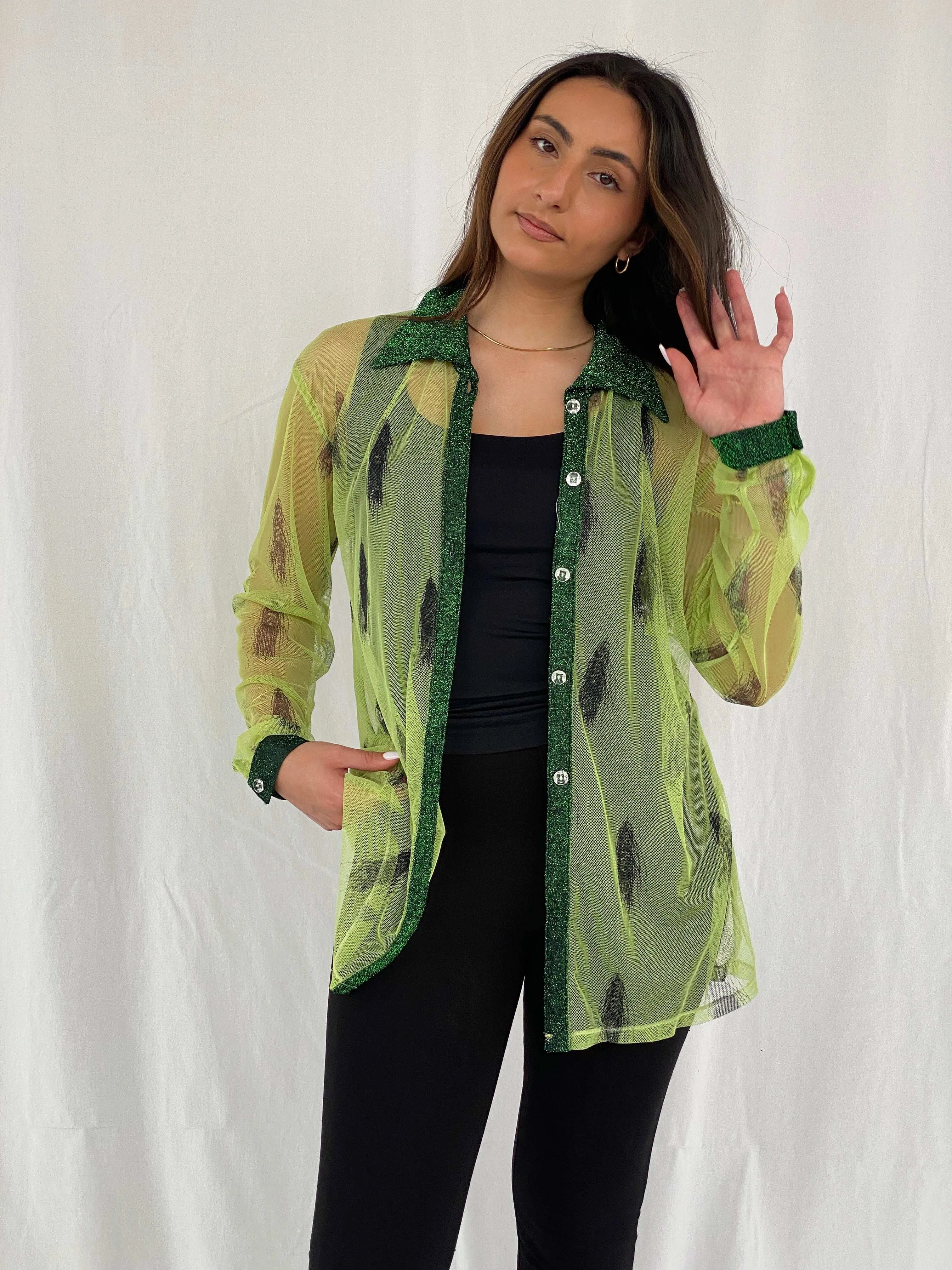 Vintage 90s Mon Lisai Green Mesh Shirt - Size L/XL - Balagan Vintage Full Sleeve Shirt 00s, mesh, Rama, women shirt